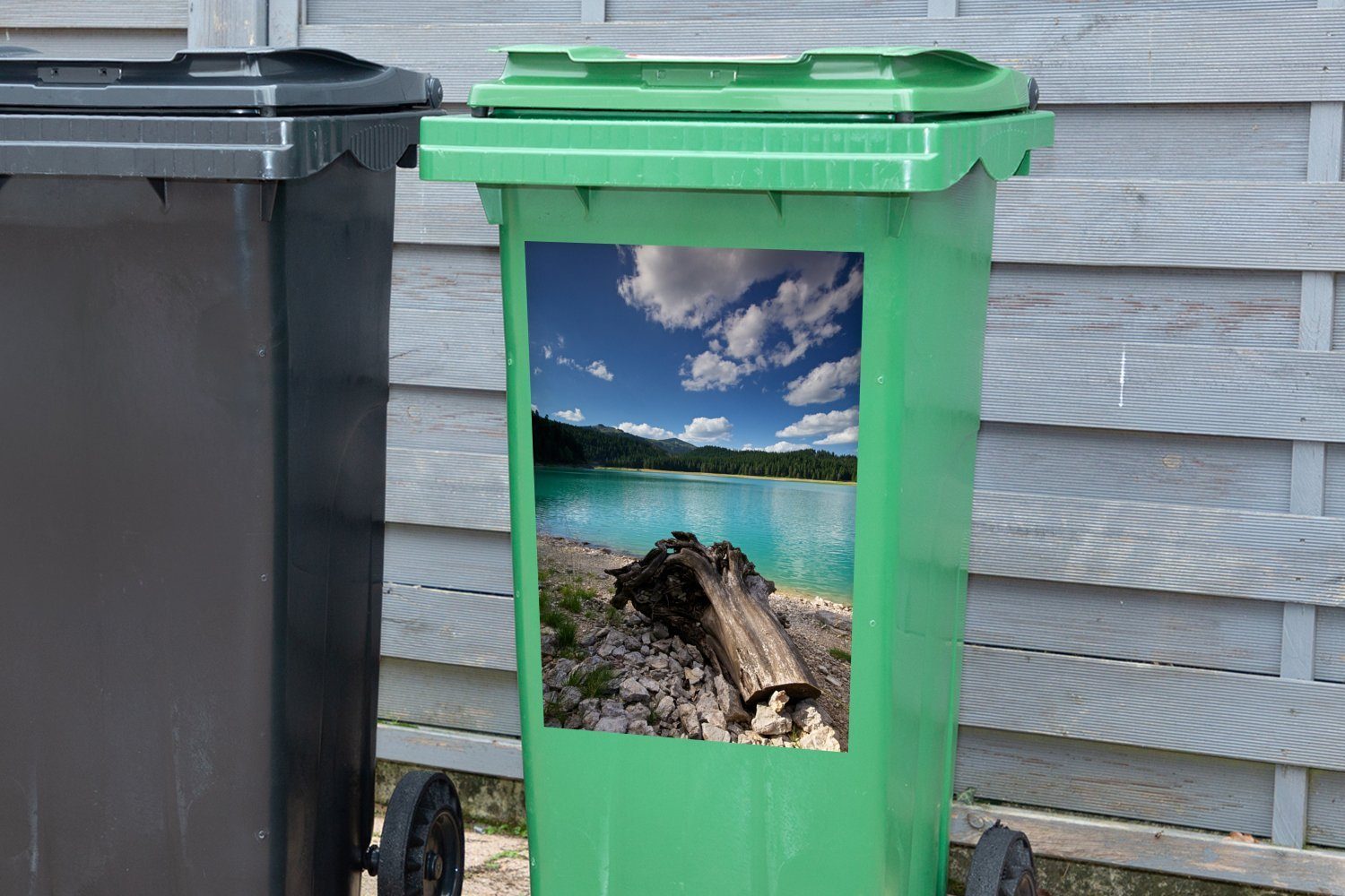MuchoWow Wandsticker Stamm Abfalbehälter Mülleimer-aufkleber, Mülltonne, Sees Crno im Container, Durmitor-Nationalpark Jezero entlang St), (1 Sticker, des