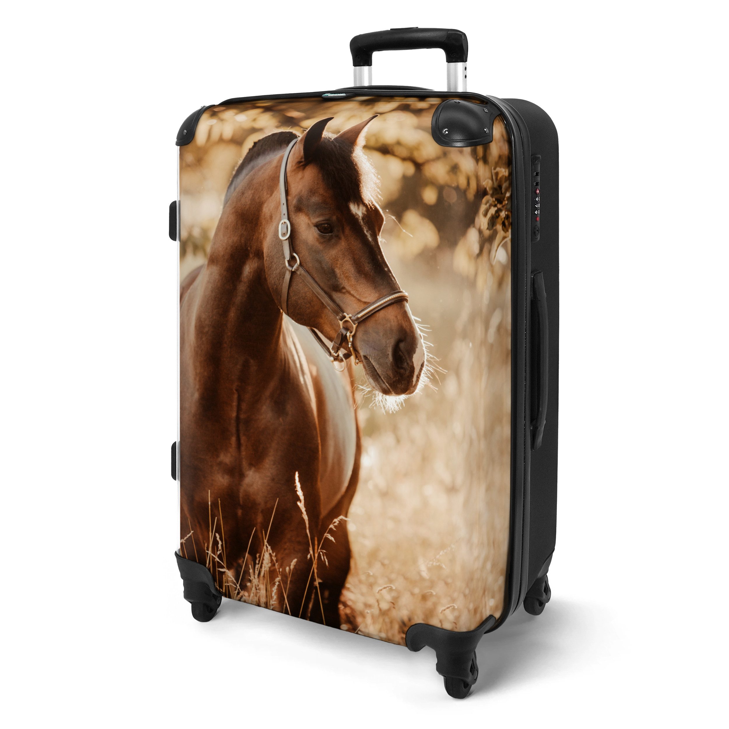 NoBoringSuitcases.com© Hartschalen-Trolley mit leuchtende Räder - Pferd - Natur - Braun - Mädchen 67 cm - 72 L, 4 Rollen, Reisetasche mit rollen für 20kg, Koffer für Mädchen, Reisekoffer