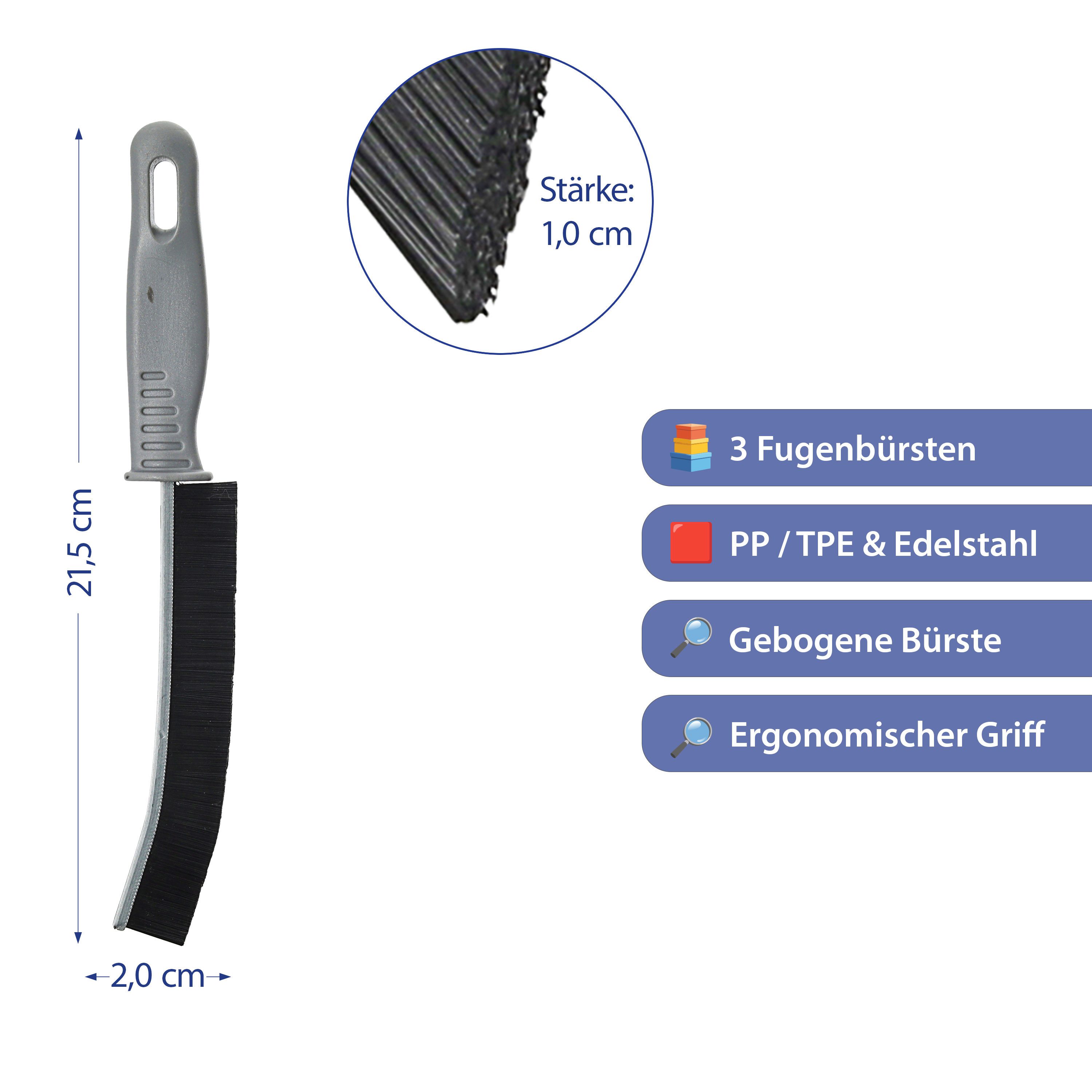 CEPEWA Fugenbürste Fugenbürste 3er Set Kunststoff Edelstahl 22x2x1cm Bürste Bad Küche, (3-tlg)