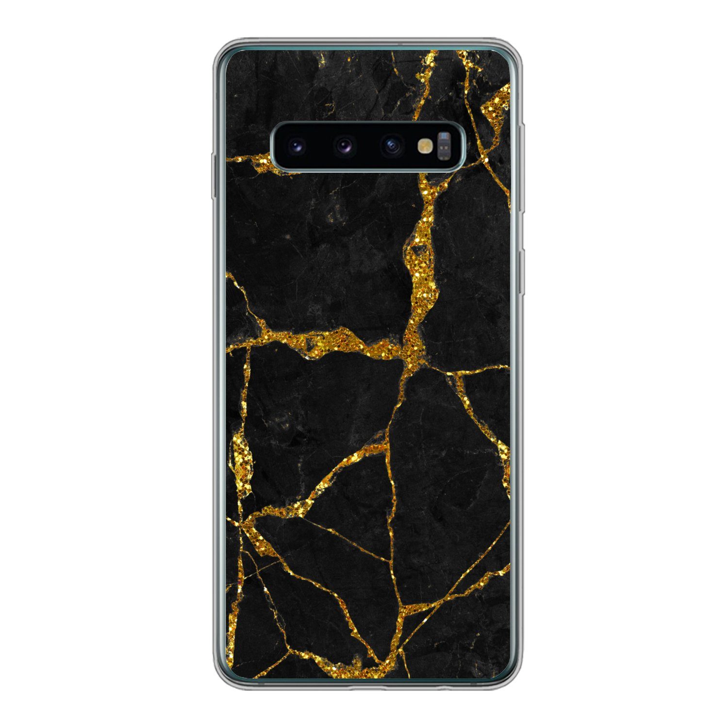 MuchoWow Handyhülle für Samsung Galaxy S10 Marmor - Gold - Schwarz - Marmoroptik - Glitter, Phone Case, Silikon, Schutzhülle Dünn