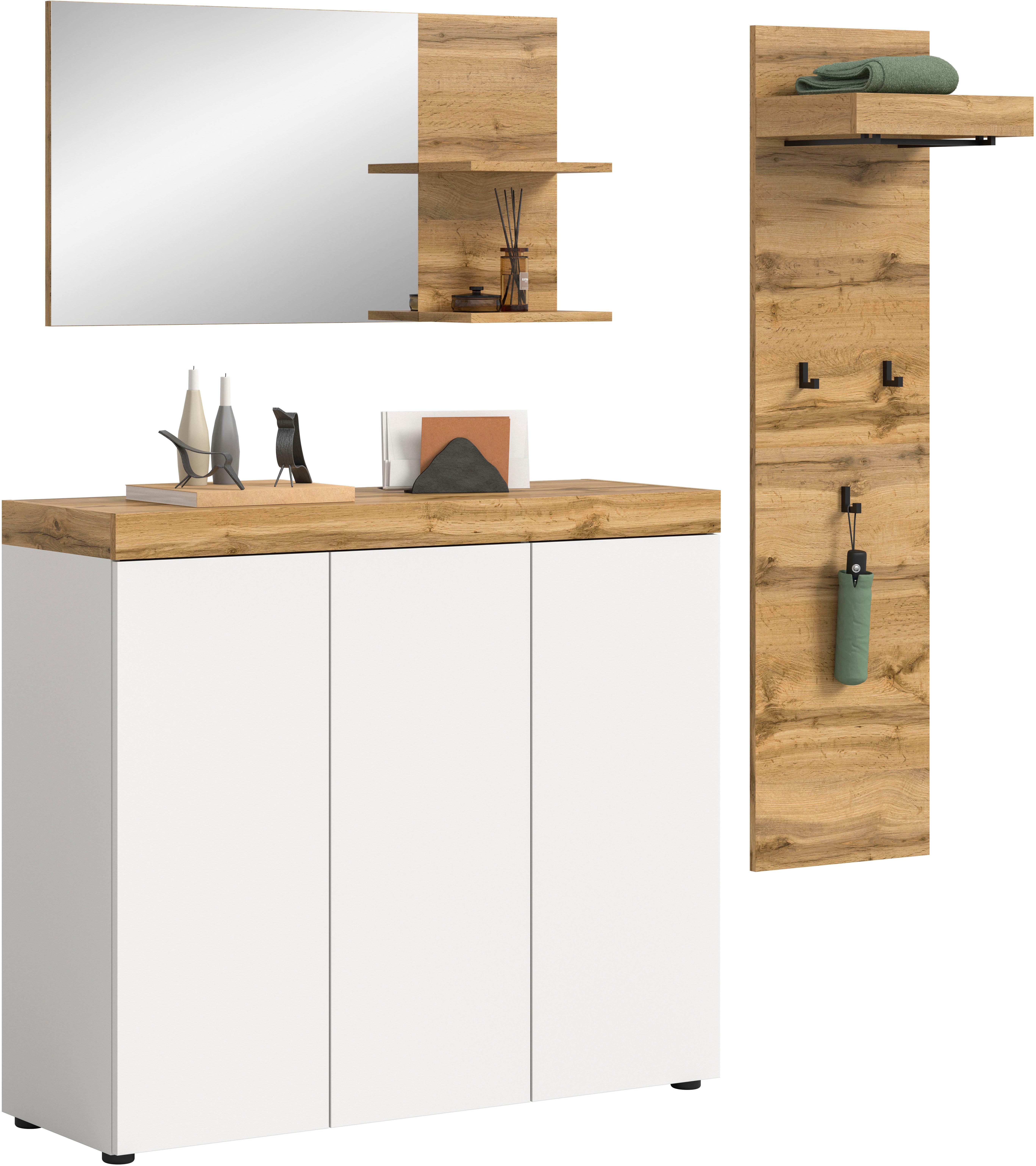 OTTO home Garderoben-Set MAMBO, 3-teilige Kombination, stehend & hängend montierbar, (3-St., bestehend aus: Kommode, Spiegel, Garderobenpaneel), Garderoben-Kombi, Garderobe, Flur, Diele