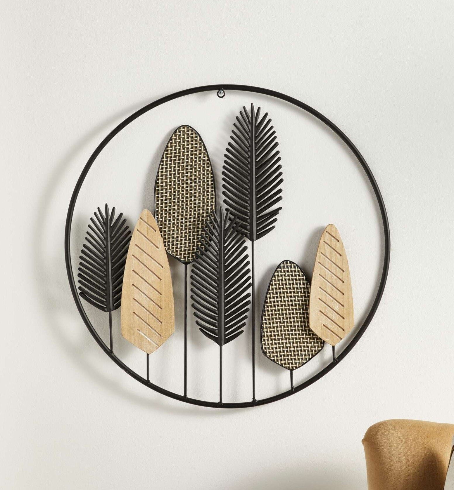 Dekoleidenschaft Wandbild "Blätter" aus Metall schwarz & Holz, Wandbild, Wandschmuck, Metallbild, Wanddekoration Ø 56 cm, Wandobjekt, Hängedeko