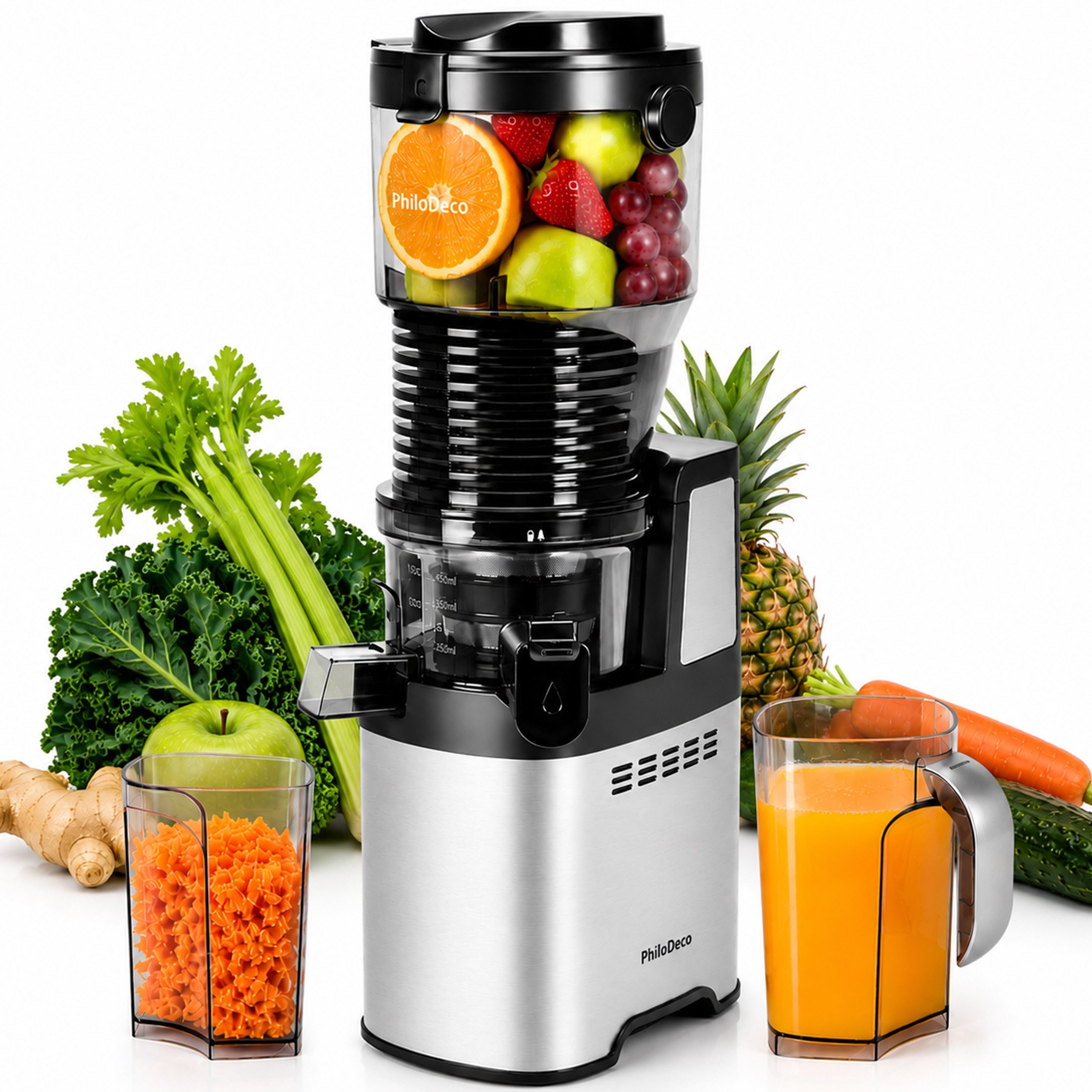 Sinaopus Slow Juicer Große Einfüllkammer für Früchte bis 8 cm und feinen Saft, 250 W, Getrennte Auslässe, Rückwärtslauf und einfache Reinigung