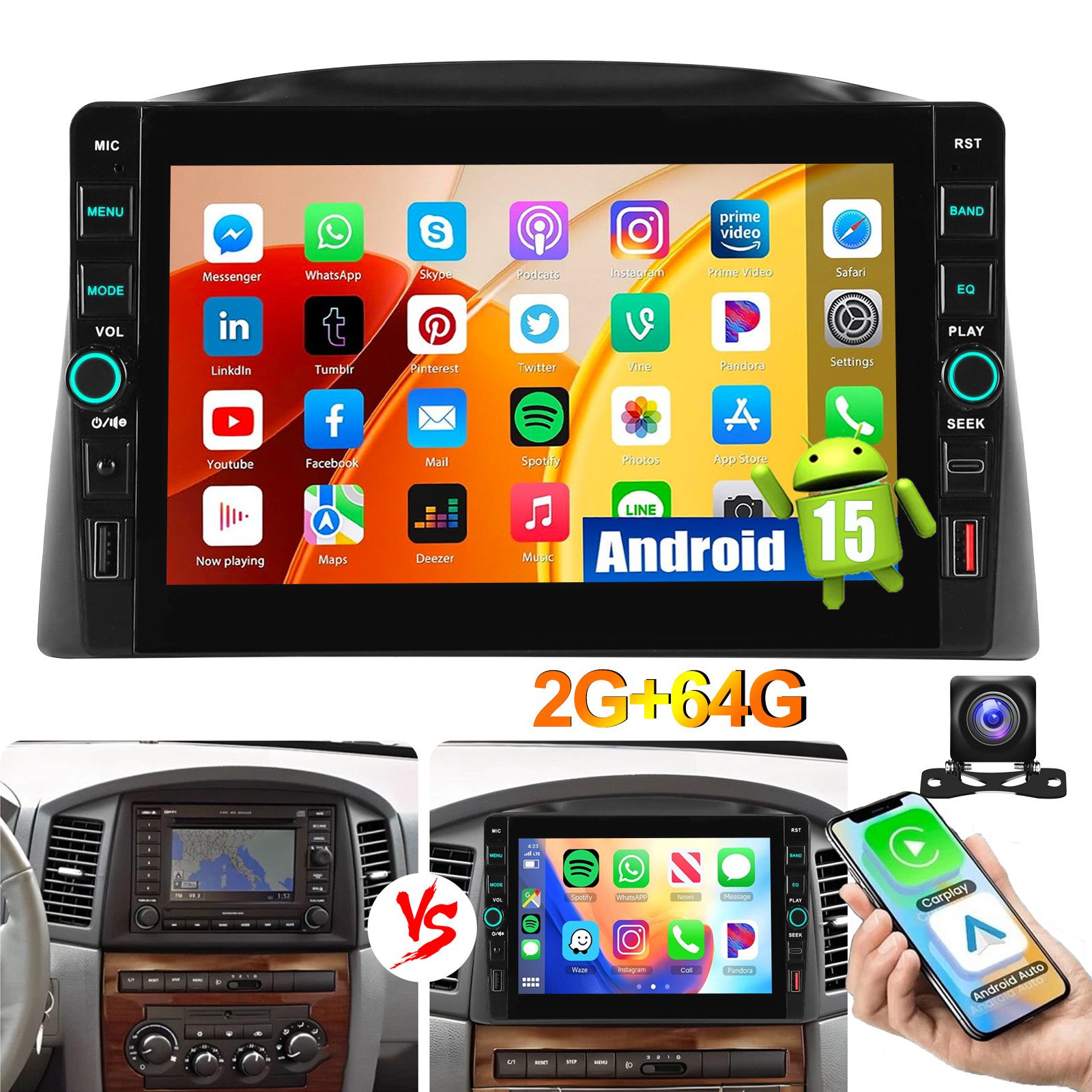 ESSGOO Carplay 4+64G Android15 Autoradio GPS BT Für Jeep Grand Cherokee WH/WK Autoradio (RDS, 4+64GB(optional), Type-C, Digitalradio (DAB), USB, FM, Apple Carplay Android Auto GPS Navi WIFI BT EQ USB- und Type-C)