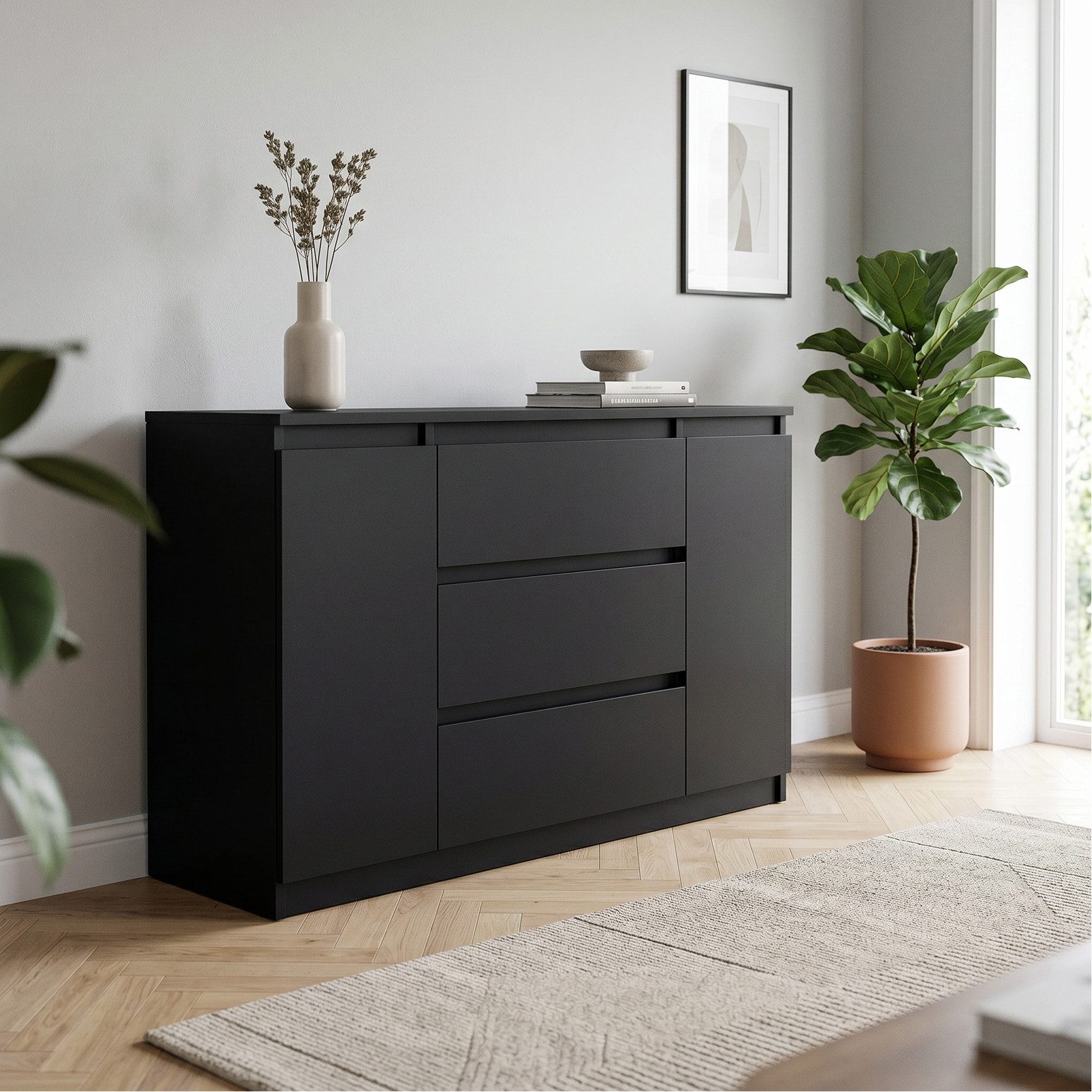 Masseno Kommode NUDO 120 cm Sideboard mit 3 Schubladen und 2 Türen Schwarz – Bild 3 von 5