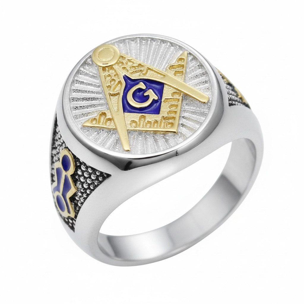 Karisma Schmuck Fingerring Herrenring Edelstahl Emailliert Blau/Gold Freimaurer RSS507, Männerschmuck