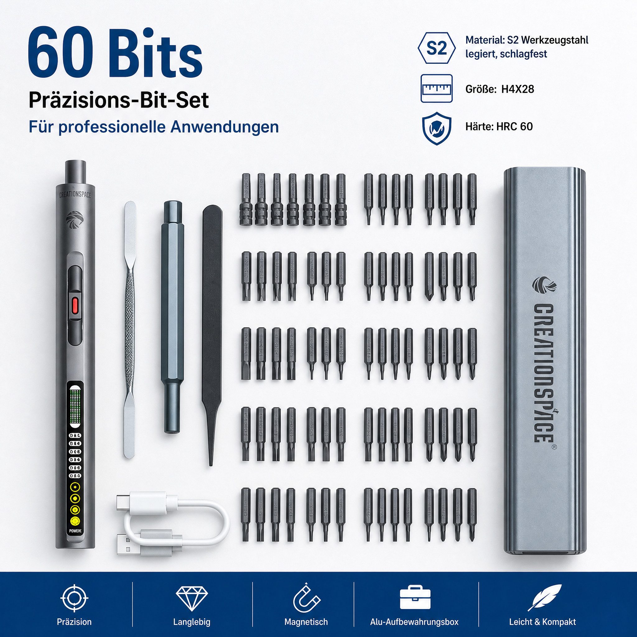 Blossom Elektro-Schraubendreher 72 in 1 Elektrischer Präzisionsschraubendreher mit 60 S2 Bits, 3 Nm, Schraubendreher Set mit LED, 6 Drehmomentstufen USB-C Ladefunktion