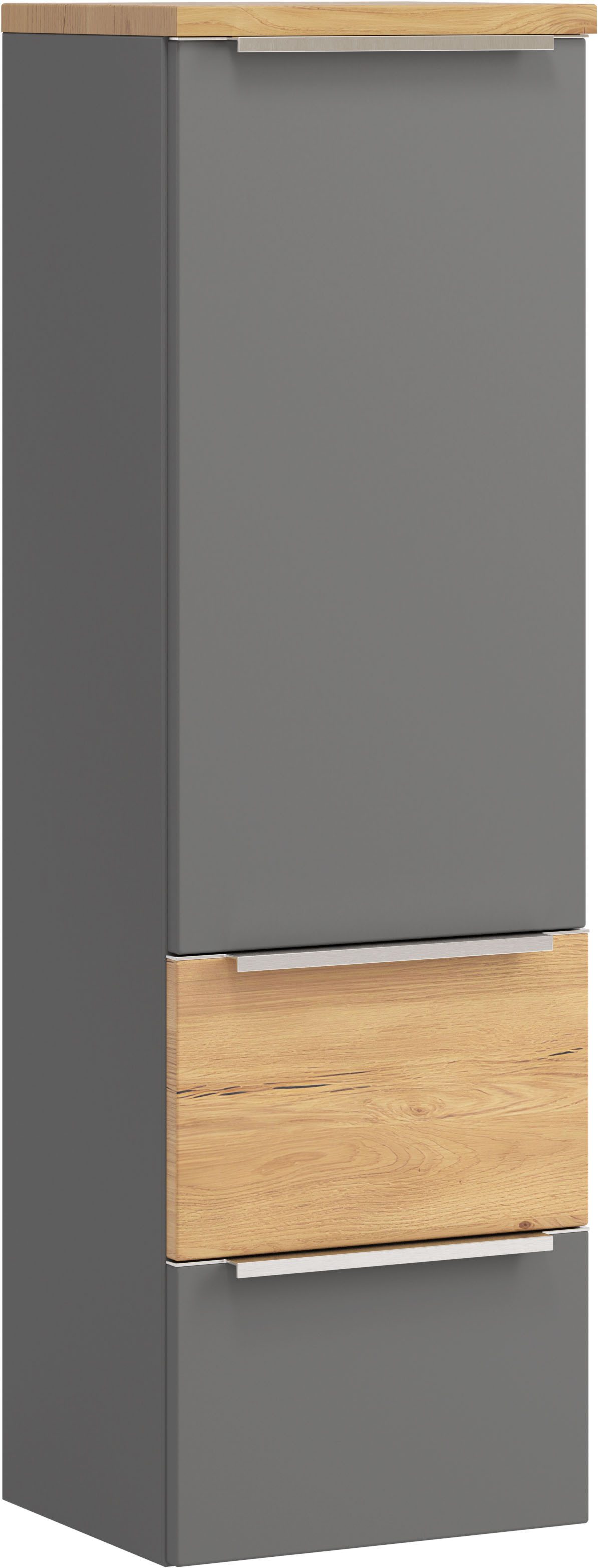welltime Midischrank TRIENT, Midischrank 40 cm, Softclose-Auszüge und gedämpfte Scharniere (Maße (B/H/T): ca. 40/130/35 cm) onyx-grey/Wildeiche, Softclose-Metallauszüge