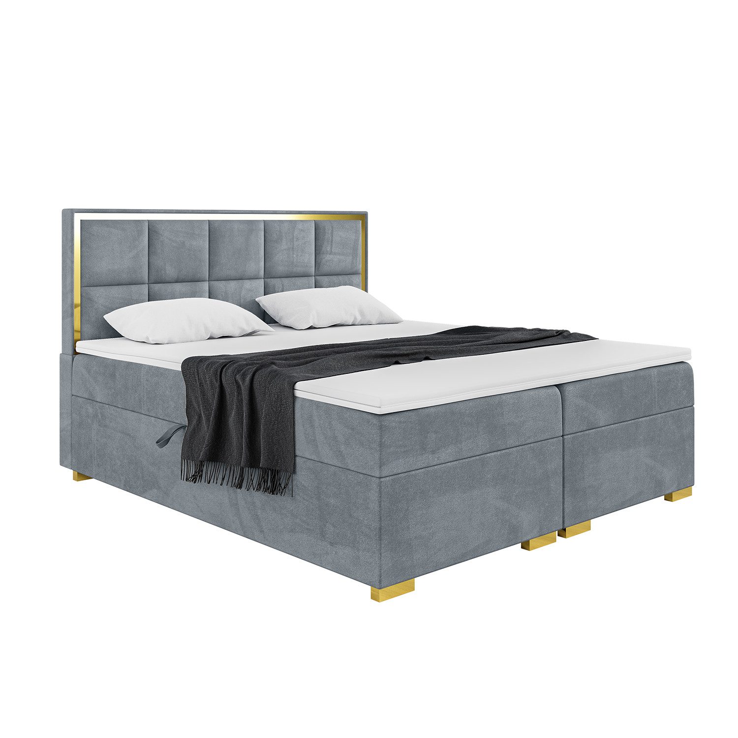 Meblini Boxspringbett mit Bettkasten, Dani Gold 160x200 cm, H3/Grau Samt