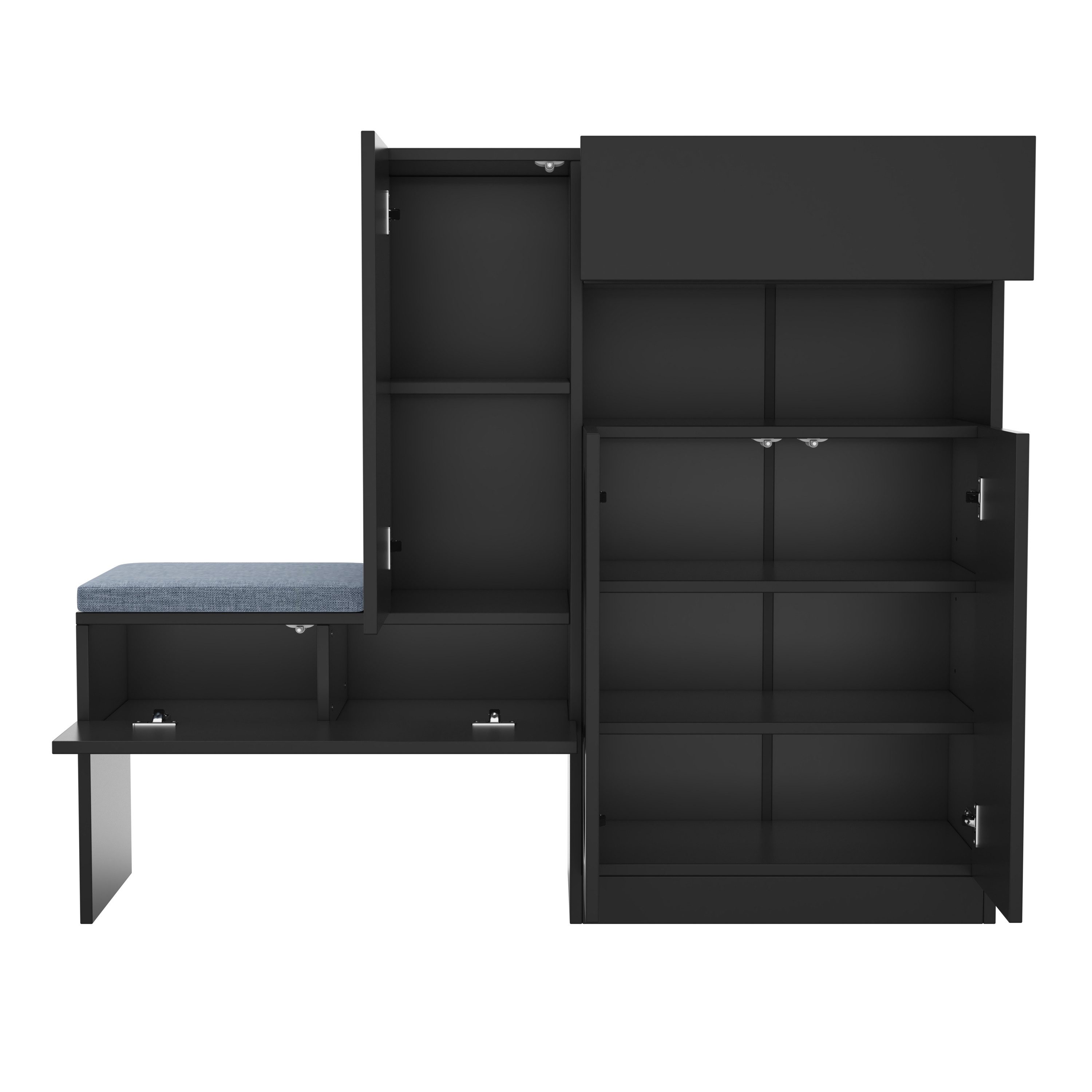 Flieks Schuhschrank Schuhkommode mit gepolsterter Sitzbank (B130/T35/H110 cm, 1-St., mit gepolsterter Sitzfläche) Schuhwechselhocker mit Seitenschrank Schuhbank Schuhregal Schwarz