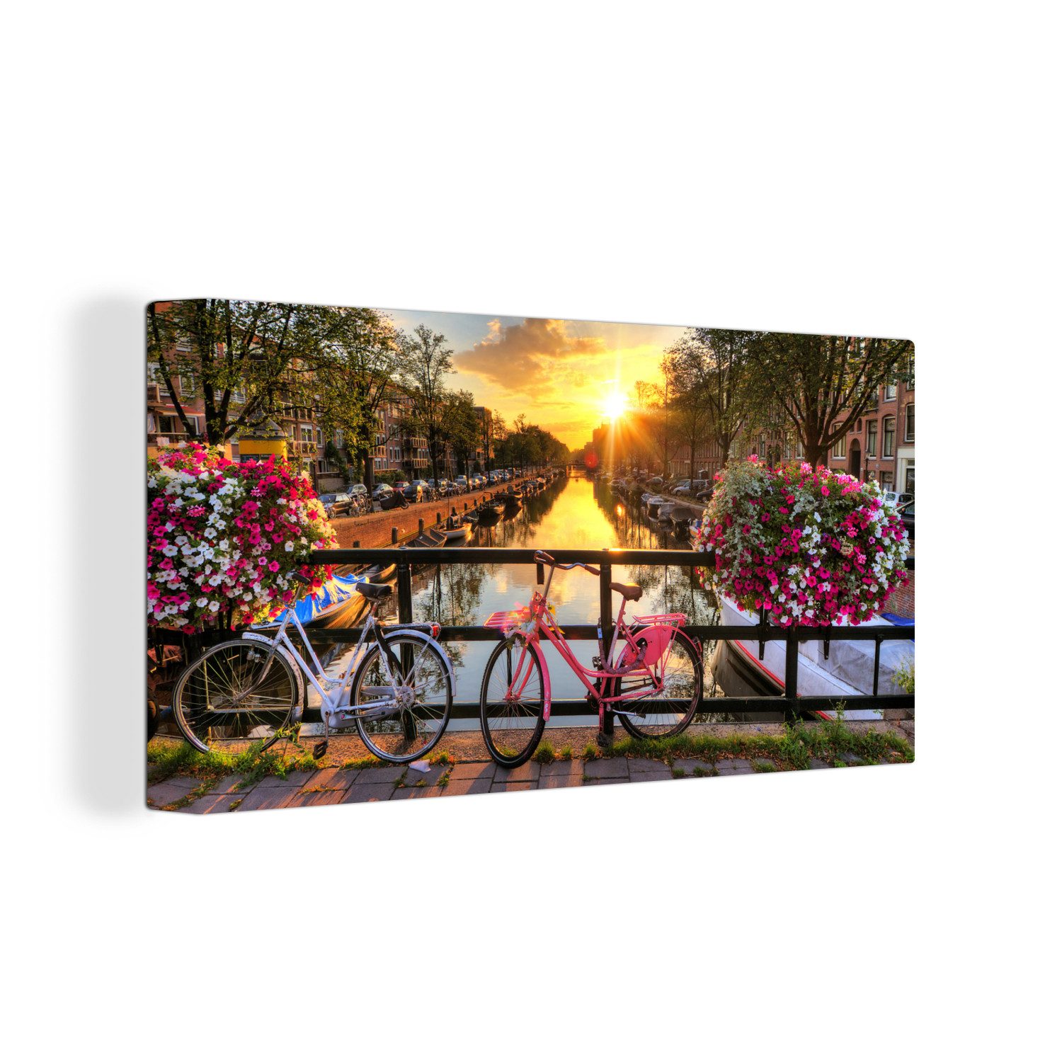 OneMillionCanvasses® Leinwandbild Panorama Amsterdam - Blumen - Brücke - Fahrrad - Sonnenuntergang, Fotodruck (1 St), Wandbild, Deko Schlafzimmer Wohnzimmer Flur 40x20 cm