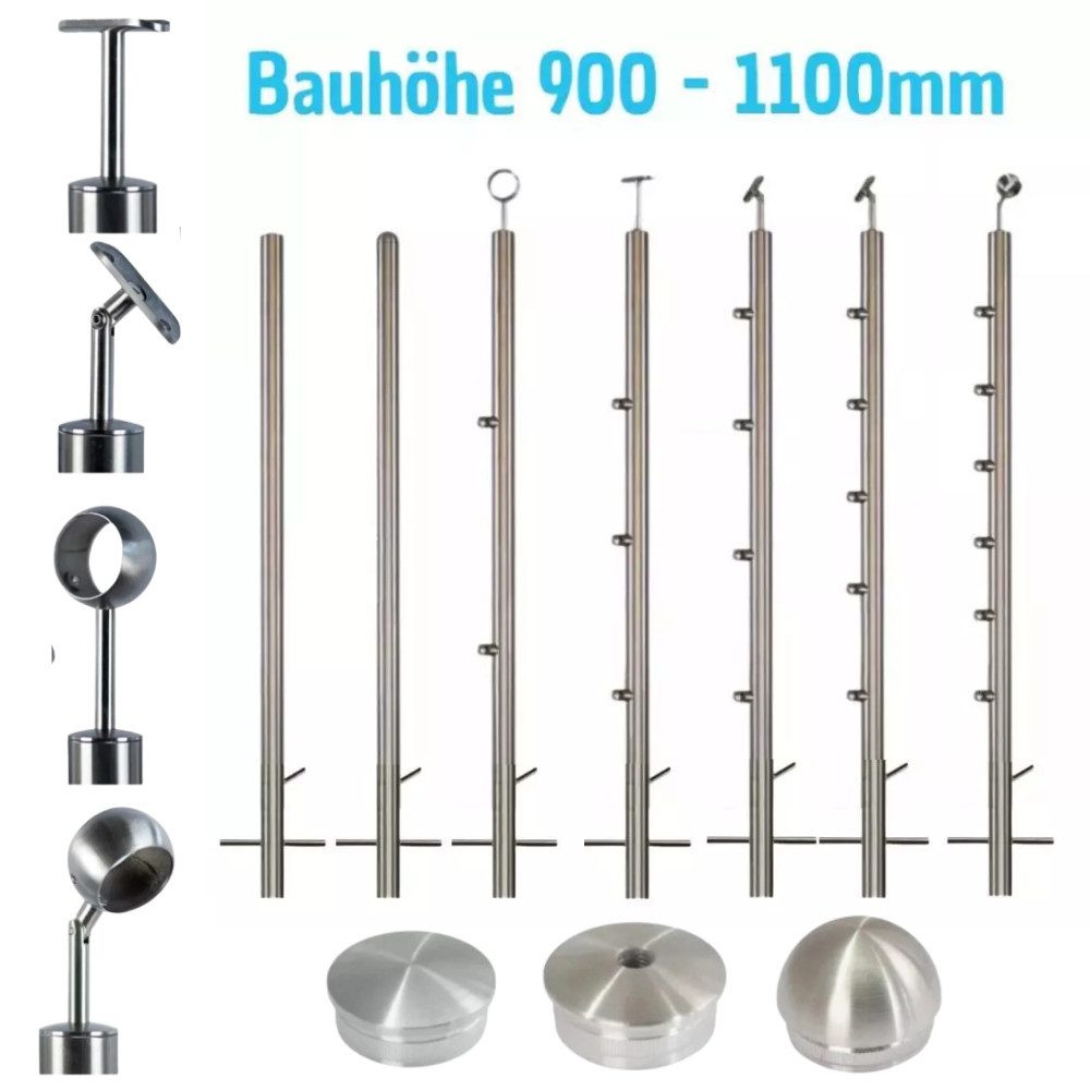 StahlFux Pfostenträger Terrassengeländer Stabhalter V2A, für Betonboden, zum Betonieren, (Spar-Set, 1-St., 2 x 5 Querstabhalter 90), Bohrungen & Gewinde nach DIN 13 im Fließbohrverfahren gefertigt