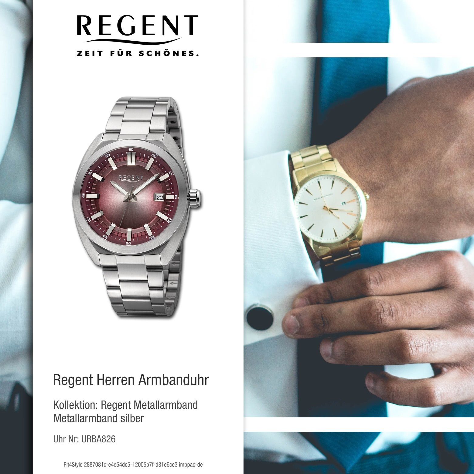 Analog, Herren 41,5mm), (ca. groß Regent Armbanduhr extra Metallarmband Quarzuhr Armbanduhr Herren Regent rot rund,