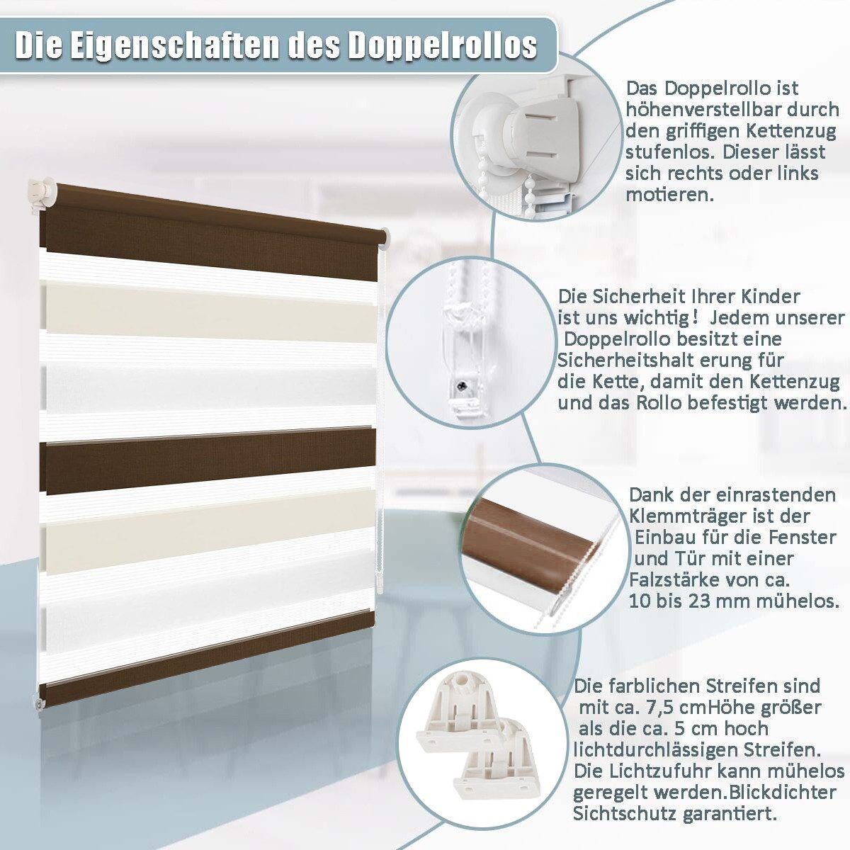 Doppelrollo Ohne Bohren, Weiß/Beige/Anthrazit, OUBO, freihängend, verspannt, Klemmfix, Klemmträger, Lichtschutz schnelle und einfache Montage mit beiliegendem