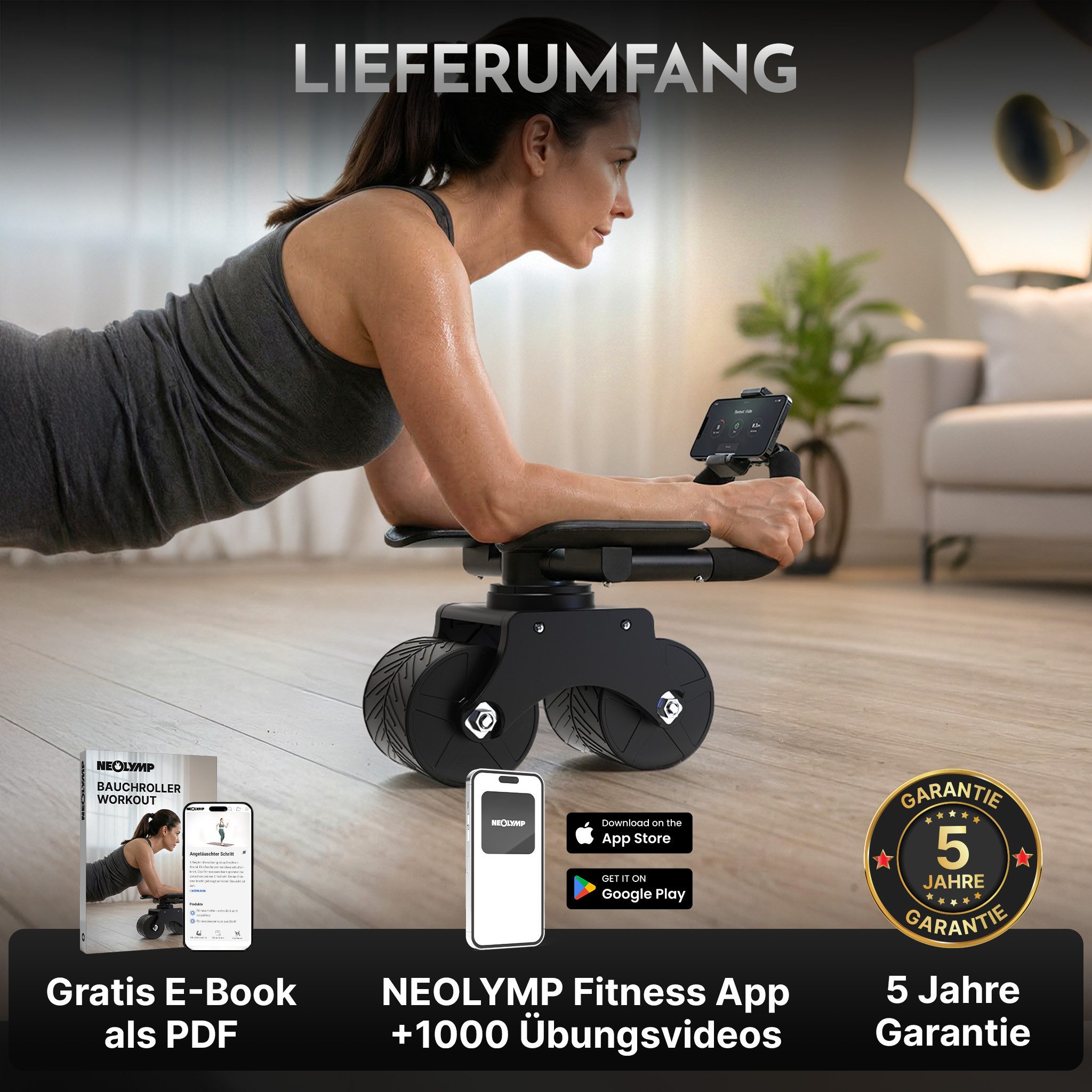 NEOLYMP Bauchtrainer Patentierter Bauchroller für Zuhause mit Unterarm-Auflagepads (Bauchroller – Extra Breite für Stabilität - Patentierter Bauchtrainer), 5 Einstellstufen für gerade & seitliche Rollouts & Handyhalterung