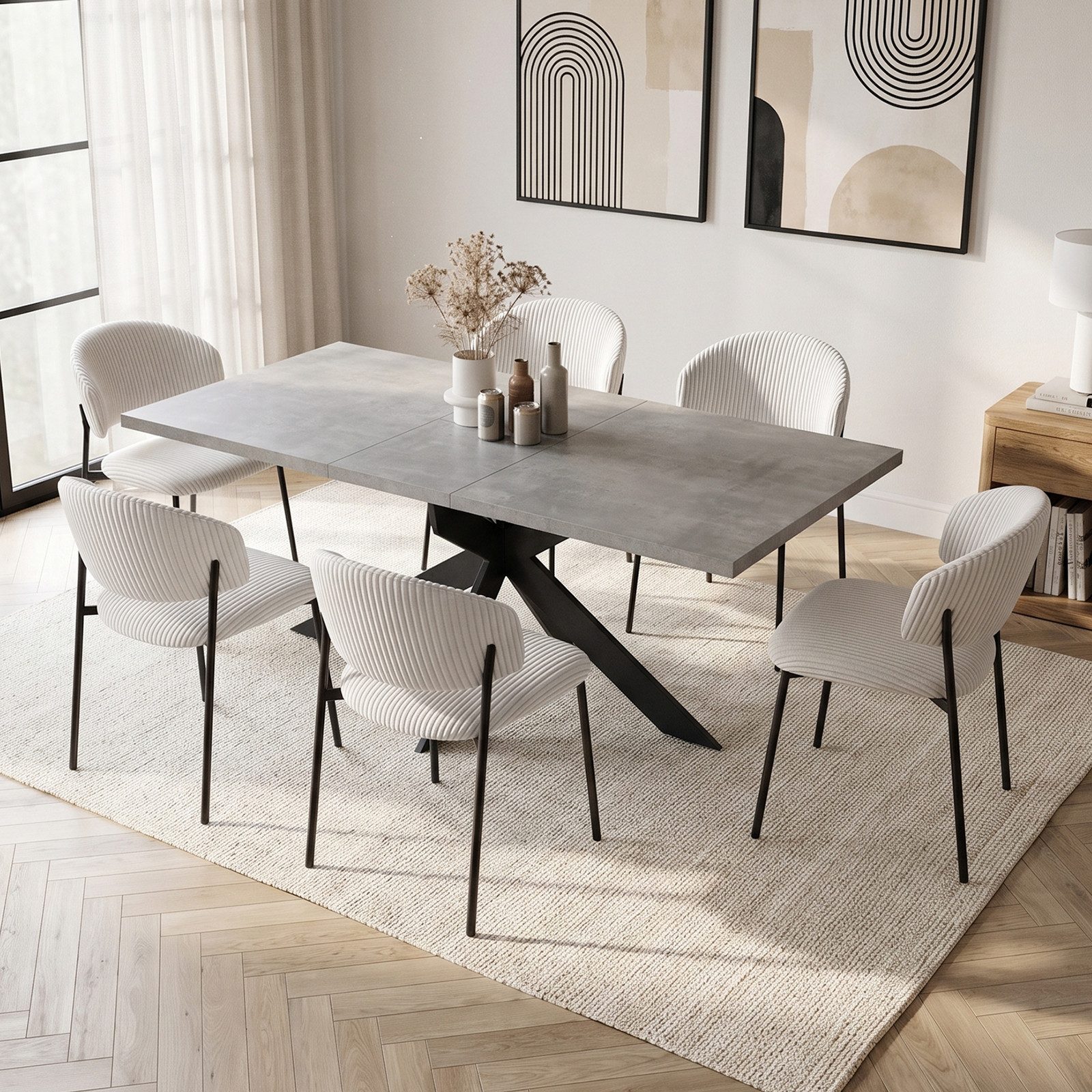 Jiexi Essgruppe Ausziehbarer Esstisch 160-200cm MDF Rhein Set Cord Stühle
