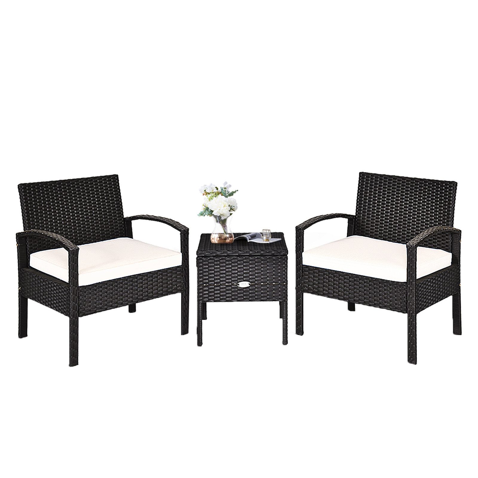COSTWAY Balkonset, 3-tlg, Tisch mit Stauraum & 2 Sessel mit Kissen, Rattan günstig online kaufen