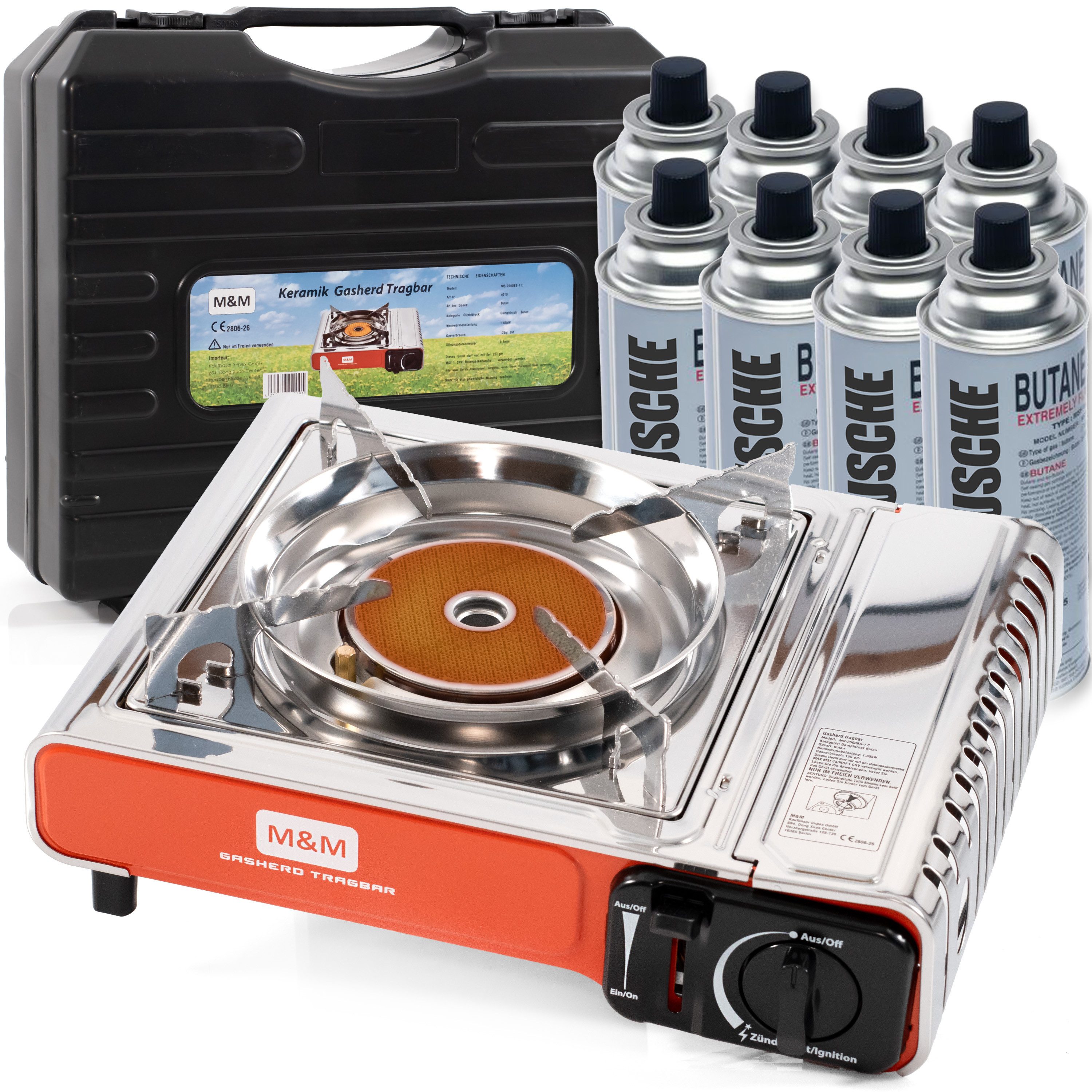 TruWare Gaskocher Camping Gaskocher Edelstahl mit Keramik Brennerkopf, (Windschutz, inkl. Transportkoffer, mit Gaskartuschen, ohne offene Flamme, Piezozündung)