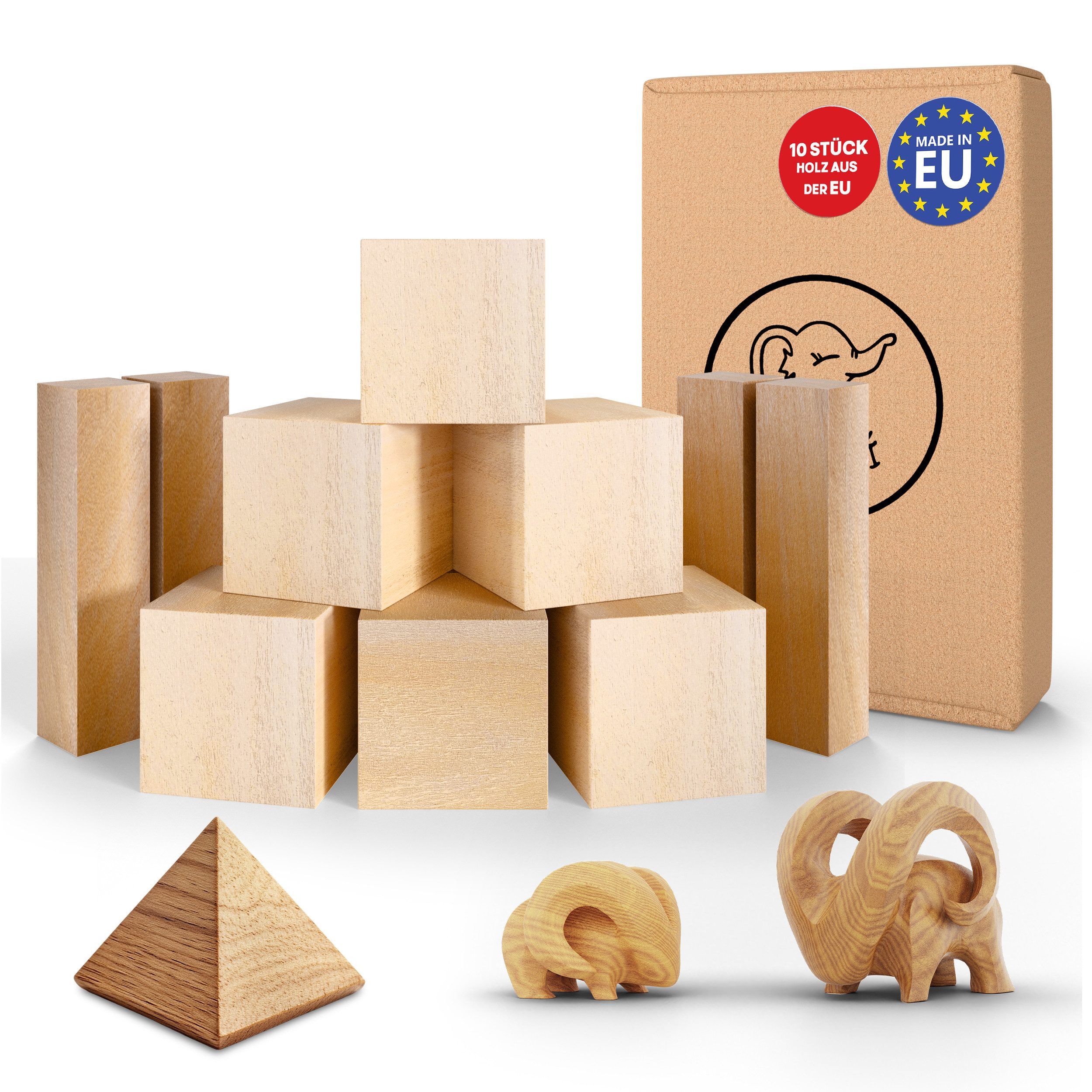 Eli Kantholz Schnitzholz Linde - weiches Lindenholz zum Schnitzen oder drechseln, (Schnitzset Holz Rohlinge - Bastelset - Holzblock), Schnitzvorlage - Holz für Erwachsene und Kinder