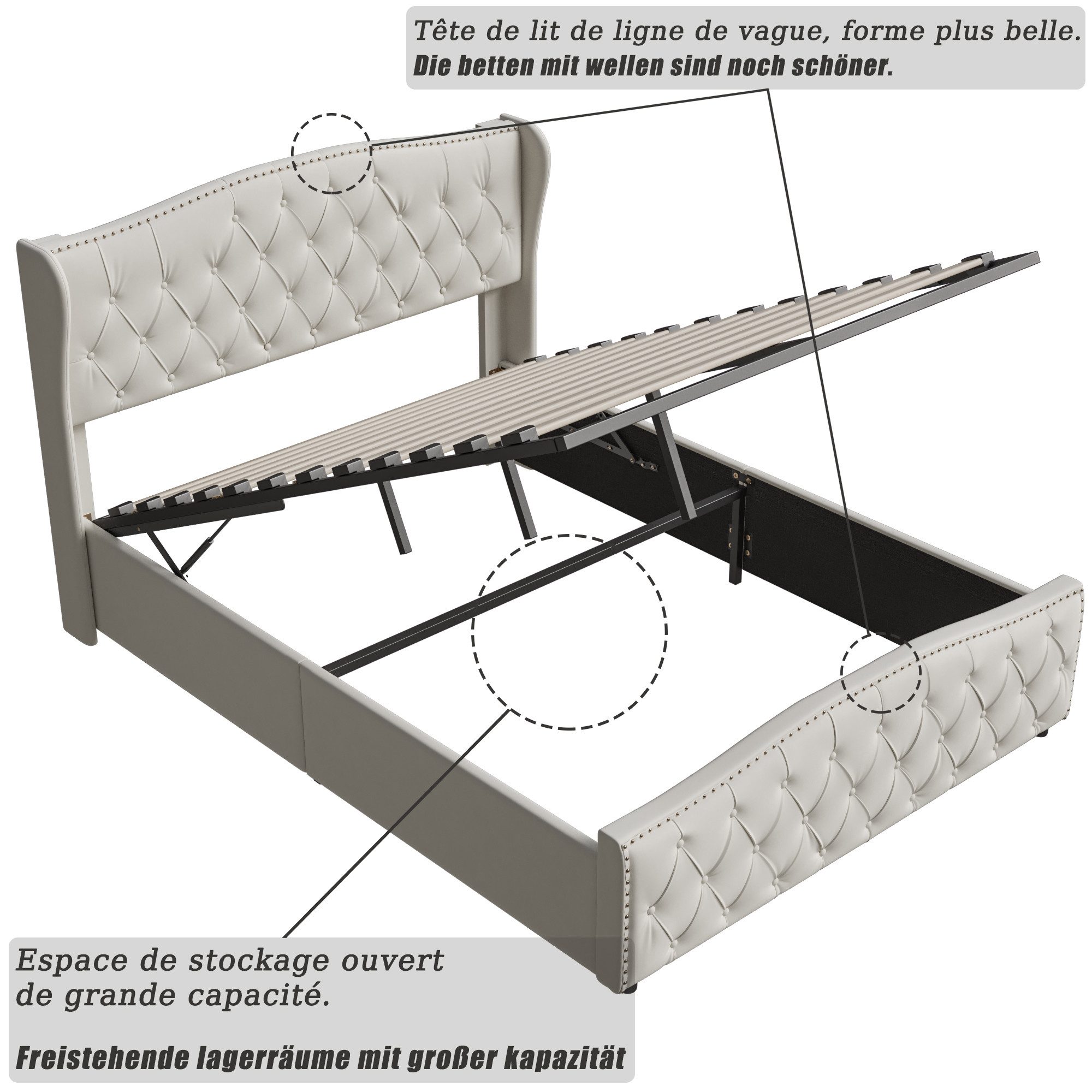 FUROKOY Stauraumbett hydraulischem Polsterbett mit Lattenrost, Doppelbett 160x200cm,mit gepolstertem Kopfteil,Beige,Samt – Bild 4 von 5