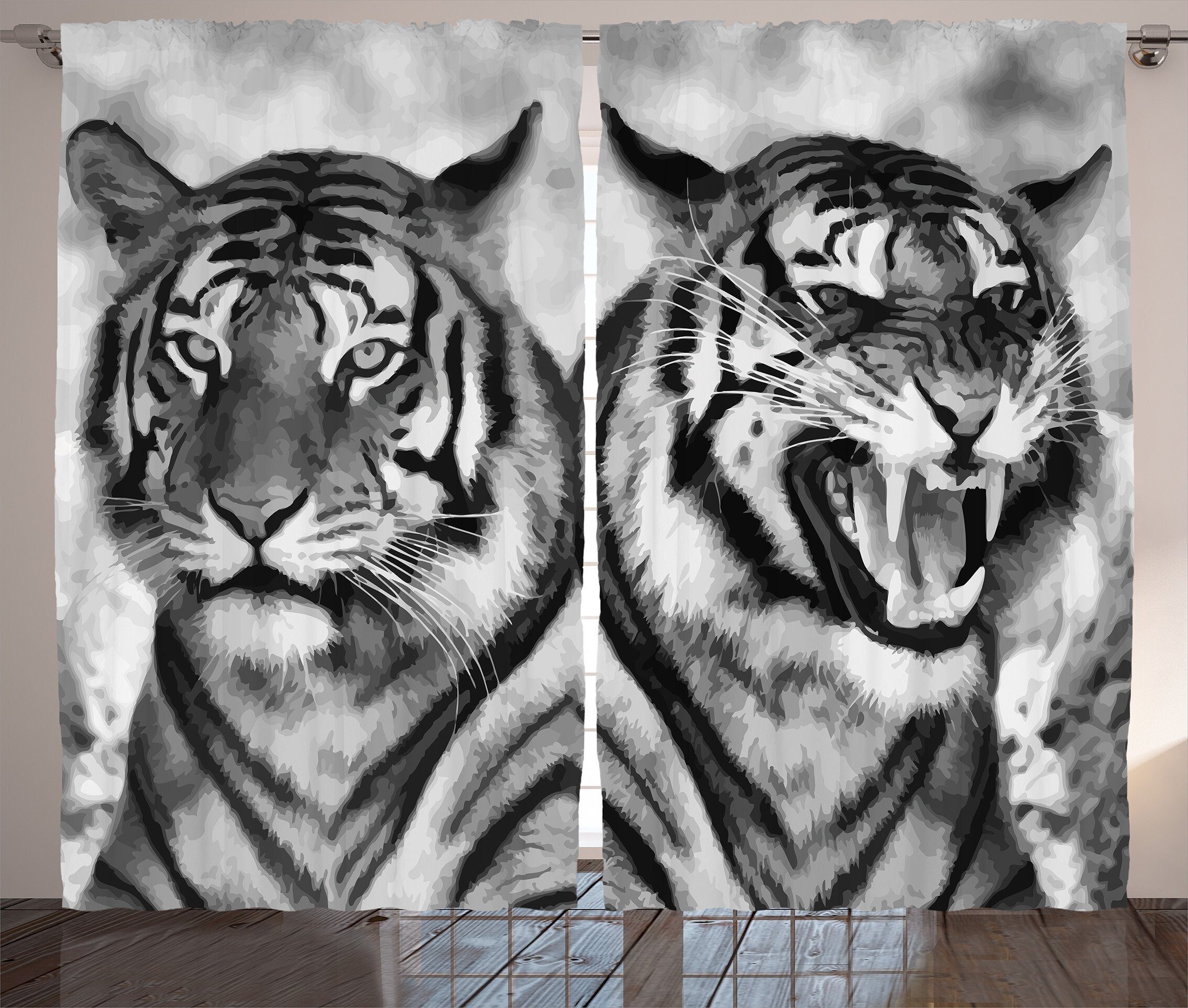 Gardine Schlafzimmer Kräuselband Vorhang mit Schlaufen und Haken, Abakuhaus, Safari Aggressive Wild Tiger