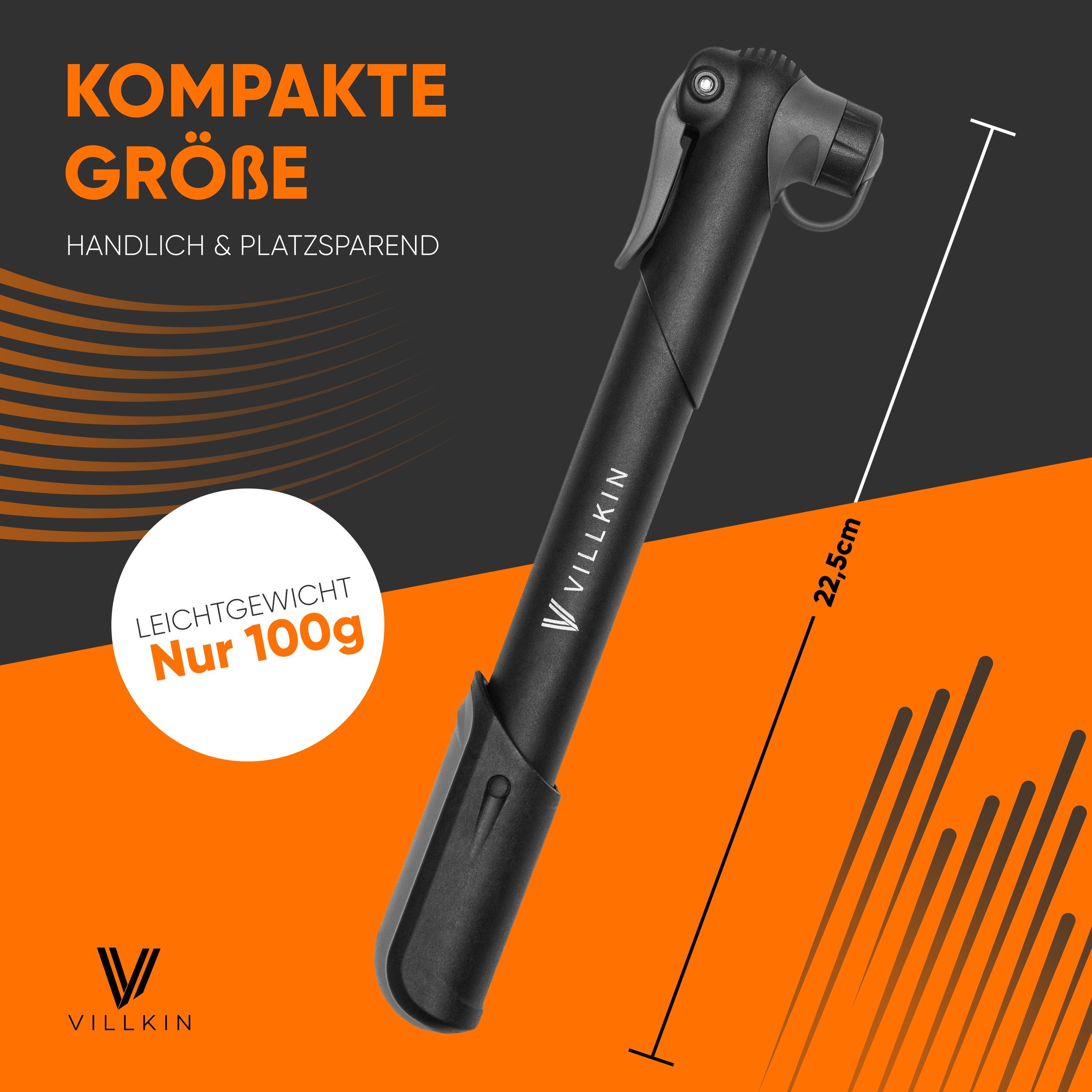 Villkin Fahrradpumpe, kleine Luftpumpe, Ballpumpe, Reifenpumpe, Handpumpe (22,5cm) (4-tlg., Befestigung für Fahrrad vorhanden), mehrere Adapter