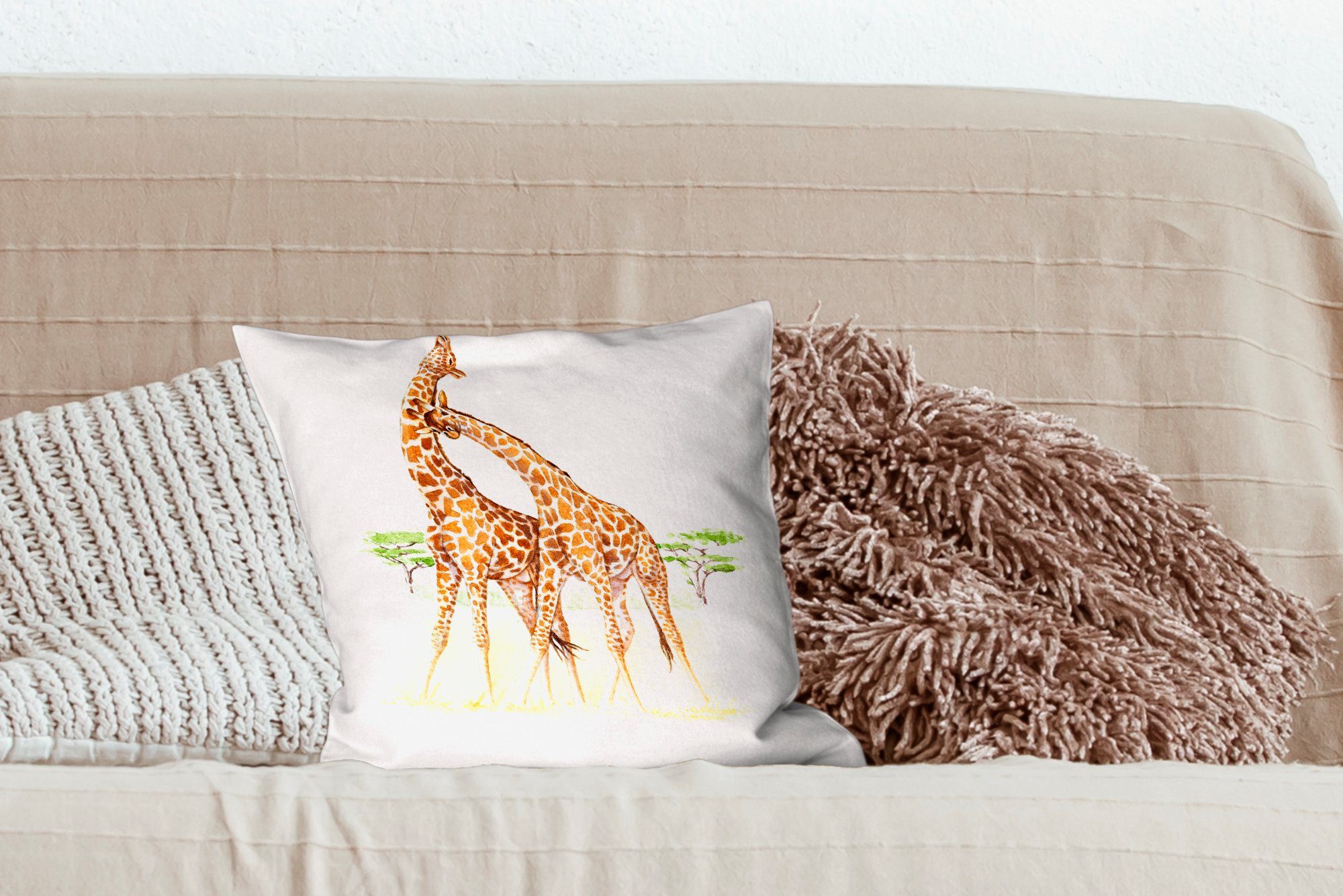 Baum - Wohzimmer, - Aquarell, Zierkissen Deko, MuchoWow Sofakissen Schlafzimmer, Füllung Dekokissen Giraffe für mit