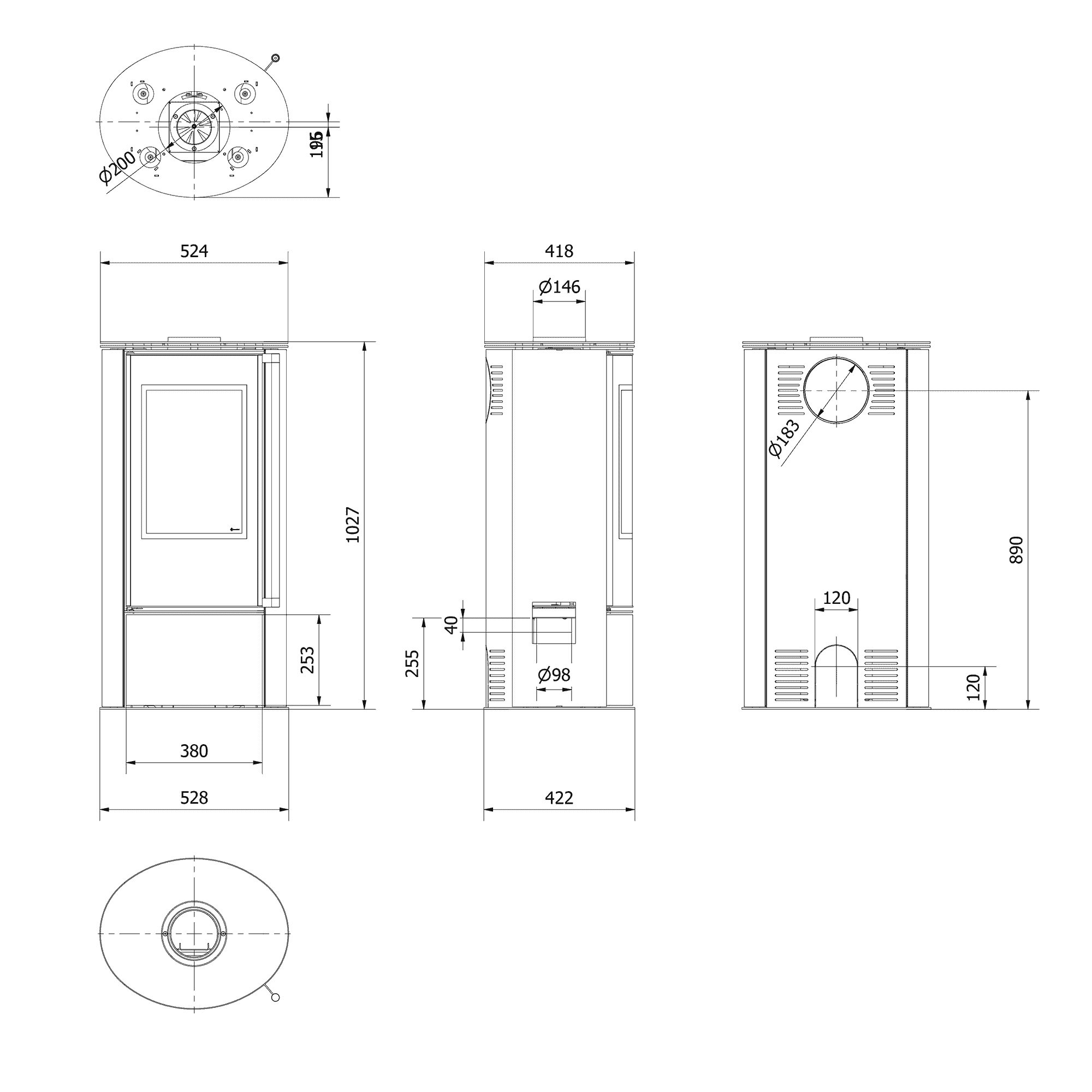 Kratki Kaminofen PRO Kaminofen aus Stahl ERIK Ø 150 5,5 kW mit Türfeder, 5,50 kW, Griff in Form einer Reling