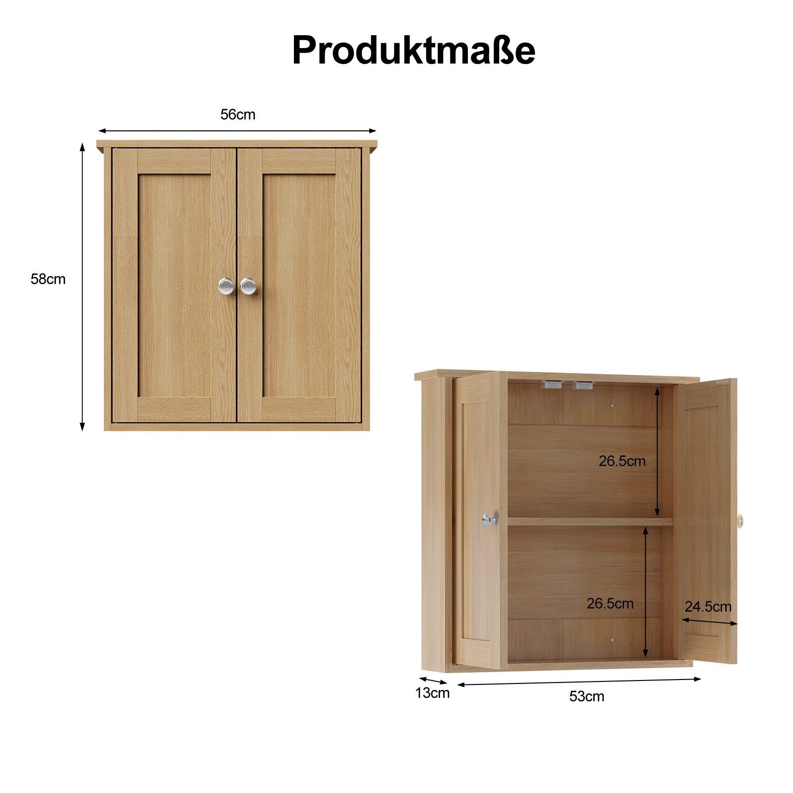 radelldar Hängeschrank Badezimmerschrank mit 2 Türen, feuchtigkeitsbeständig (1-St) Badschrank 56 x 58 x 13 cm
