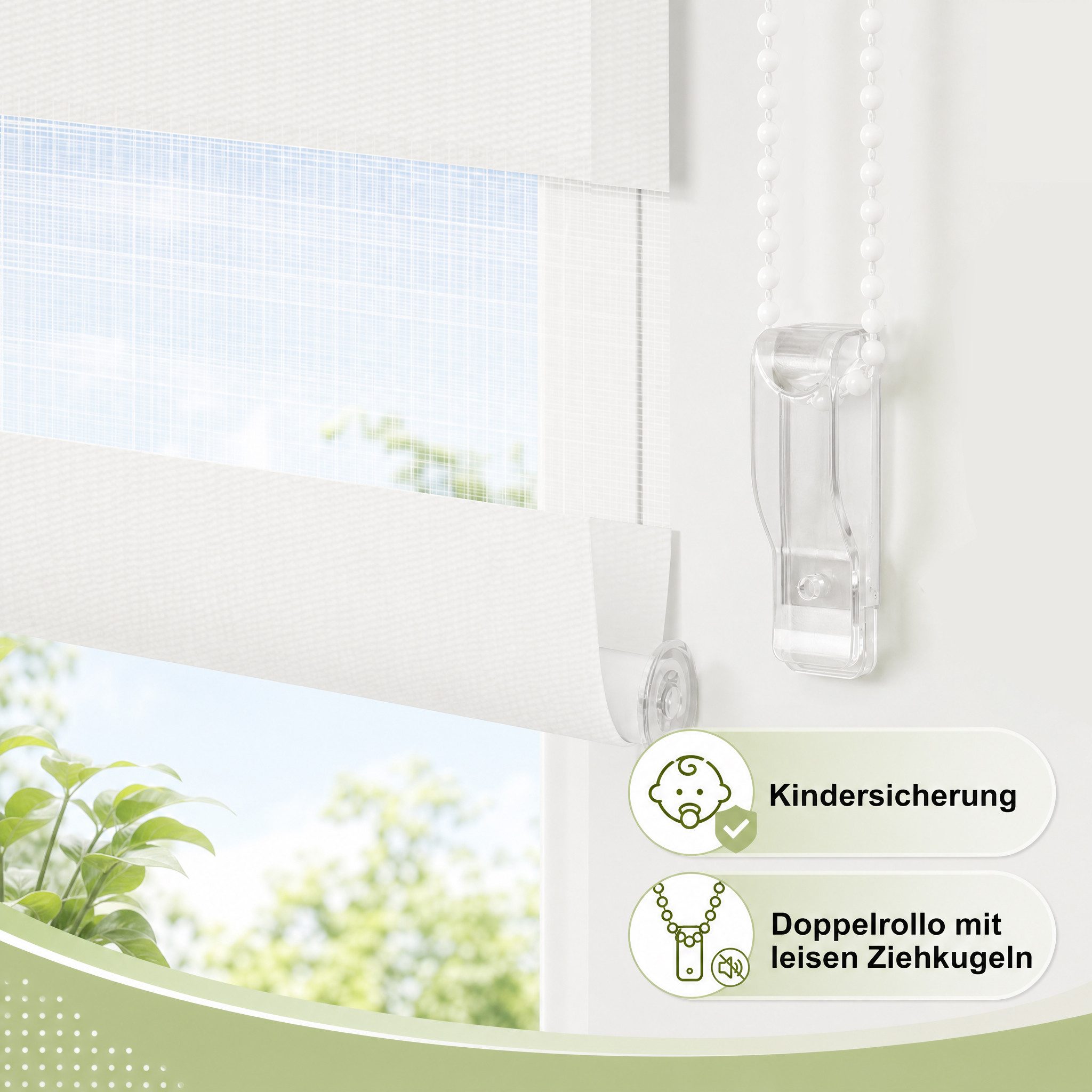 Doppelrollo Ohne Bohren, Weiß/Beige/Anthrazit, OUBO, freihängend, verspannt, Klemmfix, Klemmträger, Lichtschutz schnelle und einfache Montage mit beiliegendem