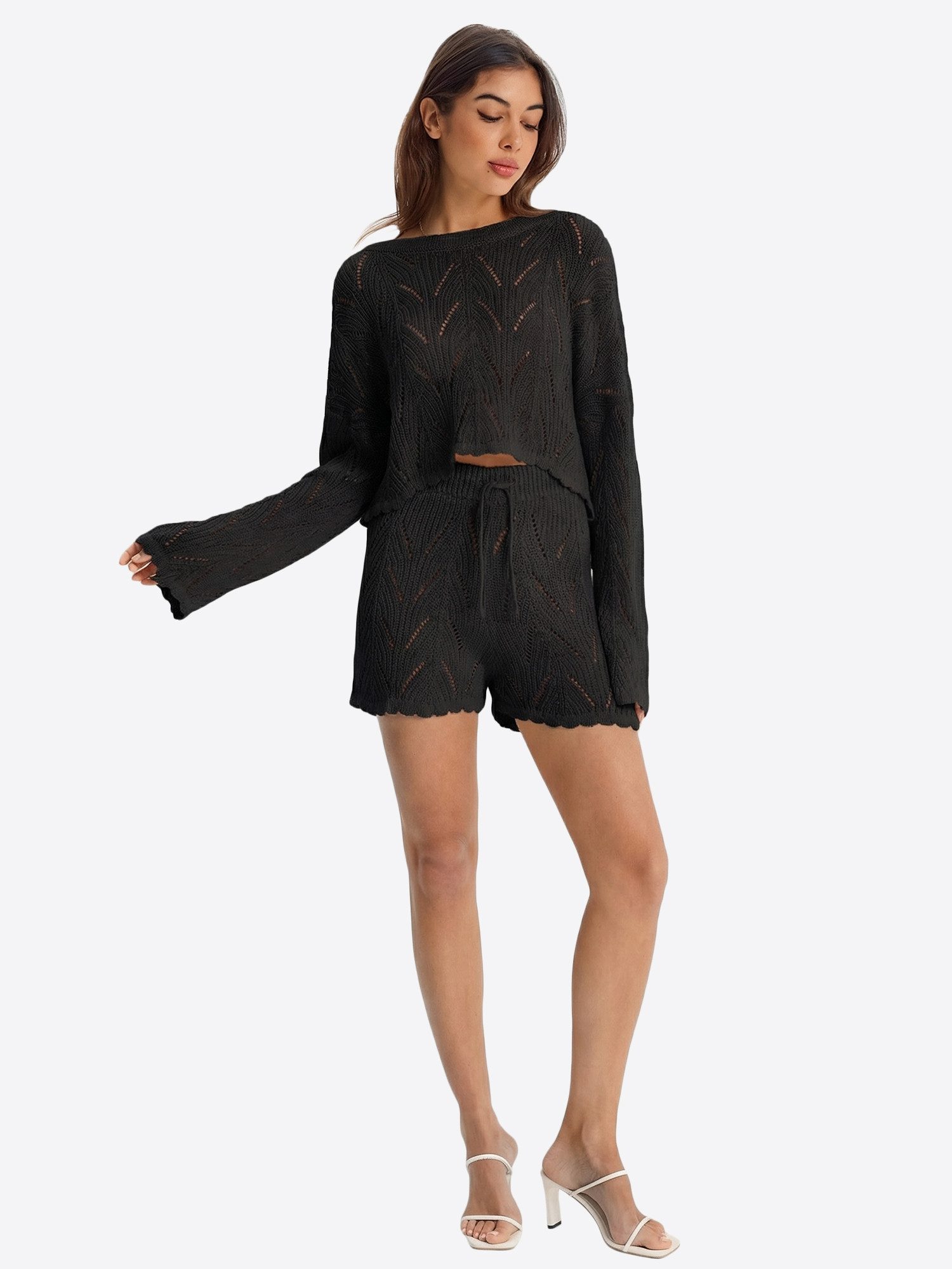 Imily Bela Hausanzug Damen Zweiteiliges Strickset (Set, 2 tlg., Locker sitzendes Langarmshirt + Shorts mit Kordelzug)