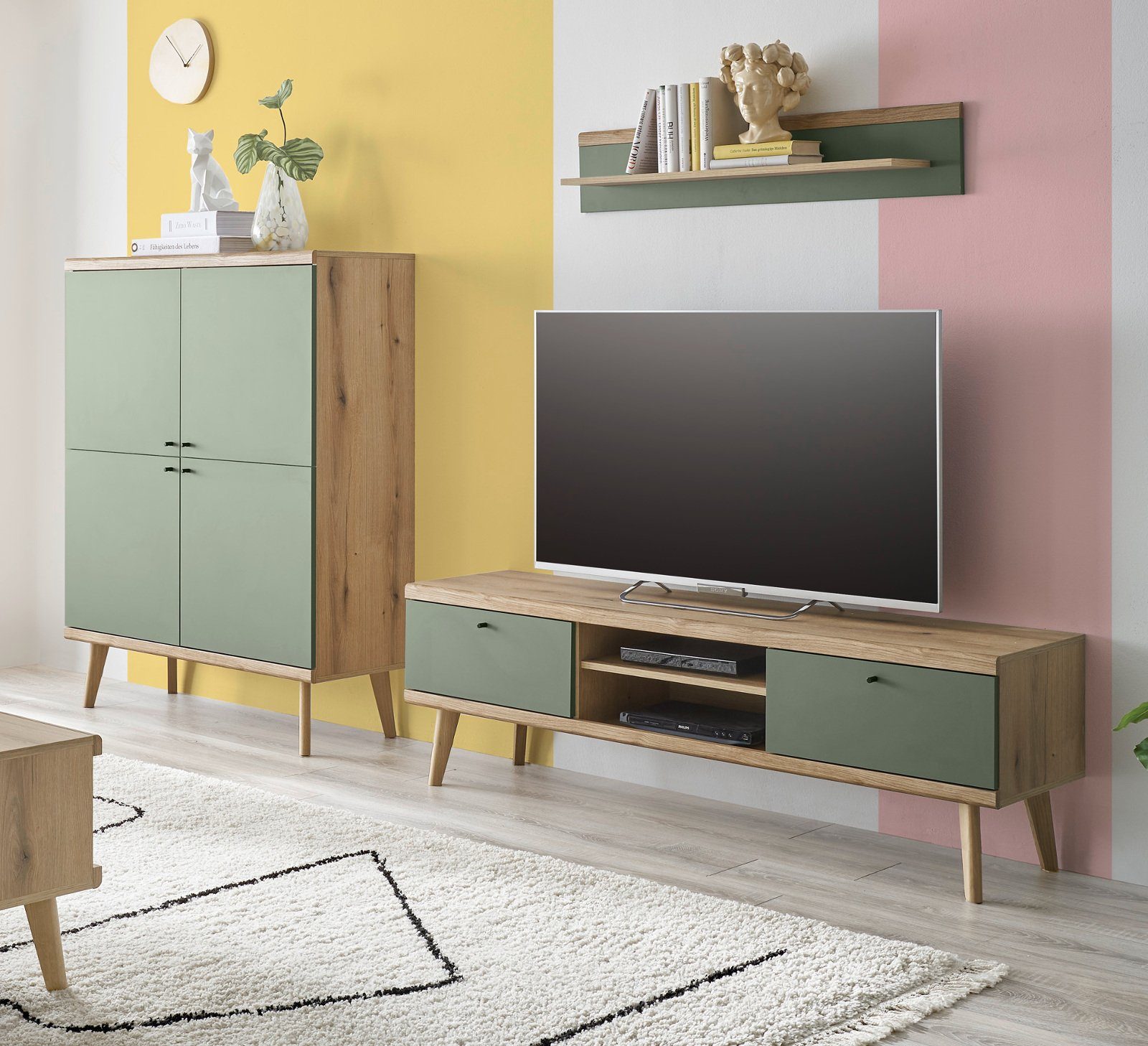Furn.Design Wohnwand Juna, (Set in Evoke Eiche mit Salbeigrün, 3-St., Breite 275 bis 290 cm), skandinavisches Design