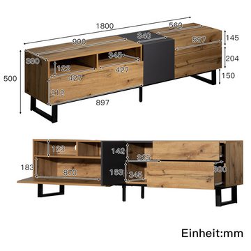 IDEASY TV-Schrank TV-Schrank in Holzmaserung mit zwei Ablagefächern, einer unteren Tür, einer linken Tür und zwei Schubladen, 180 x 50 x 38 cm