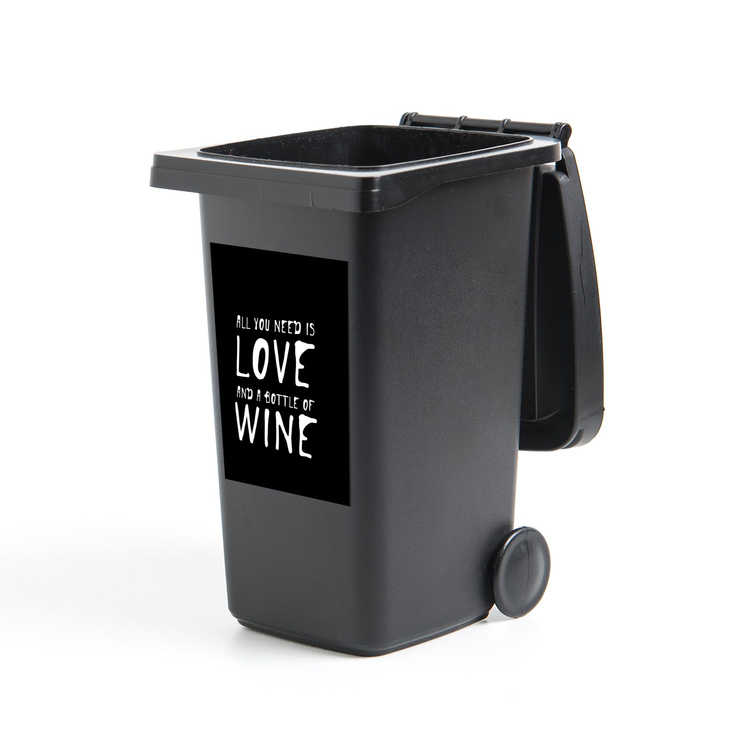 MuchoWow Wandsticker Zitat "All you need is love and a bottle of wine" vor einem schwarzen (1 St), Mülleimer-aufkleber, Mülltonne, Sticker, Container, Abfalbehälter