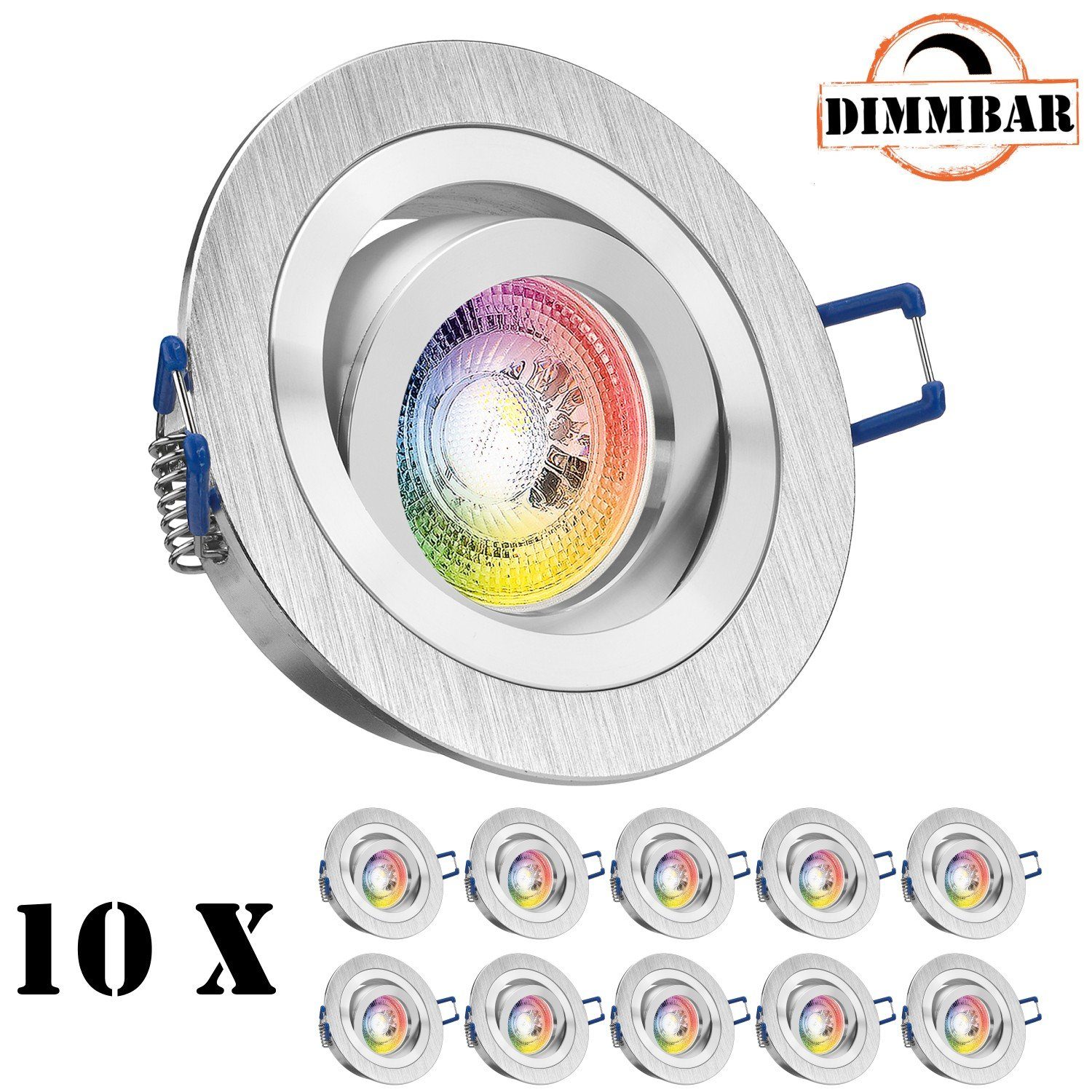 LEDANDO LED Einbaustrahler 10er RGB 3W Einbaustrahler LED GU10 Set aluminium mit gebürstet LED in