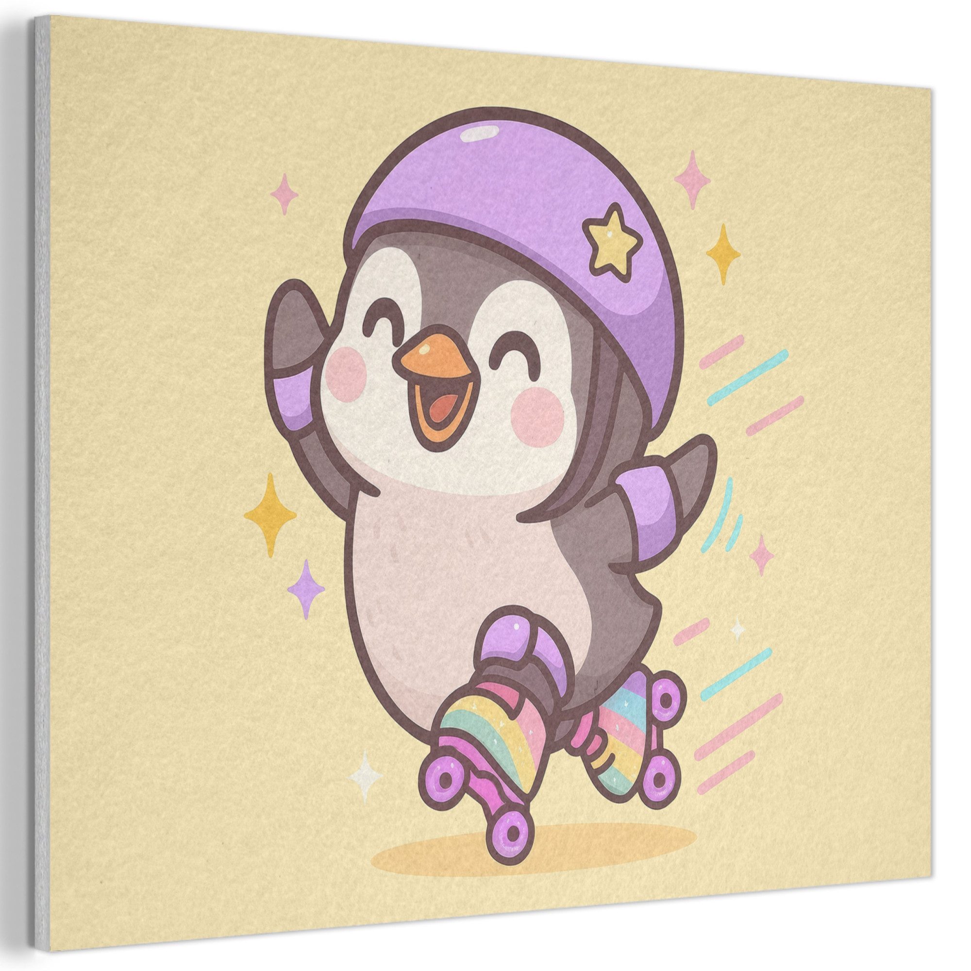 MuchoWow Gemälde Pinguin - Rollschuhe - Gelb - Energetisch, Fotodruck (1 St), Akustikbilder Schallabsorber, Wandpaneele, Akustikpaneele 70x50 cm