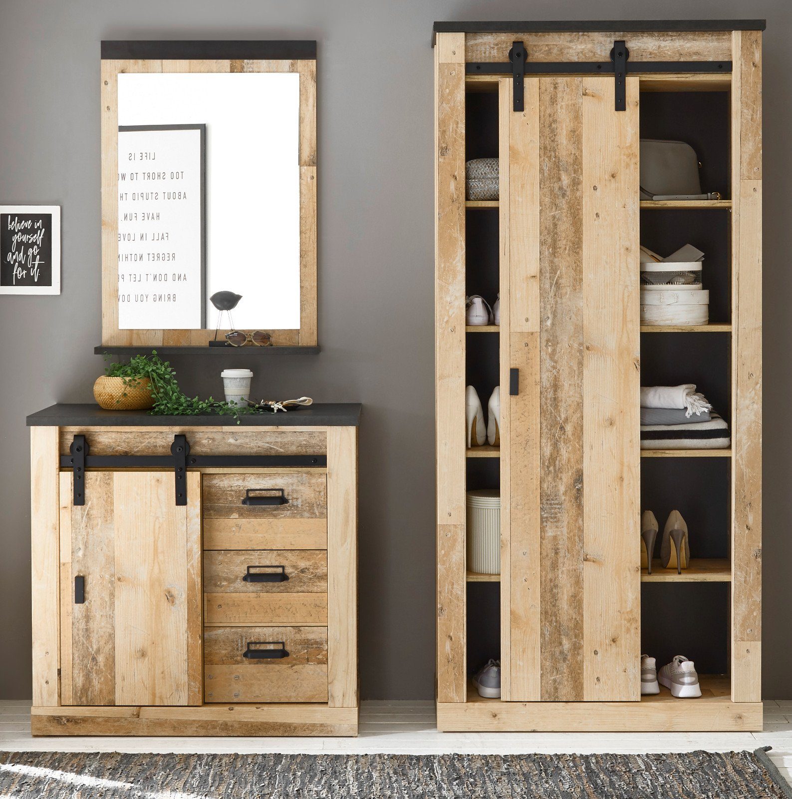 Furn.Design Garderoben-Set Stove, (Flurgarderobe 3-teilig in Used Wood hell, ca. 206 x 201 cm), mit Schiebetüren und Soft-Close