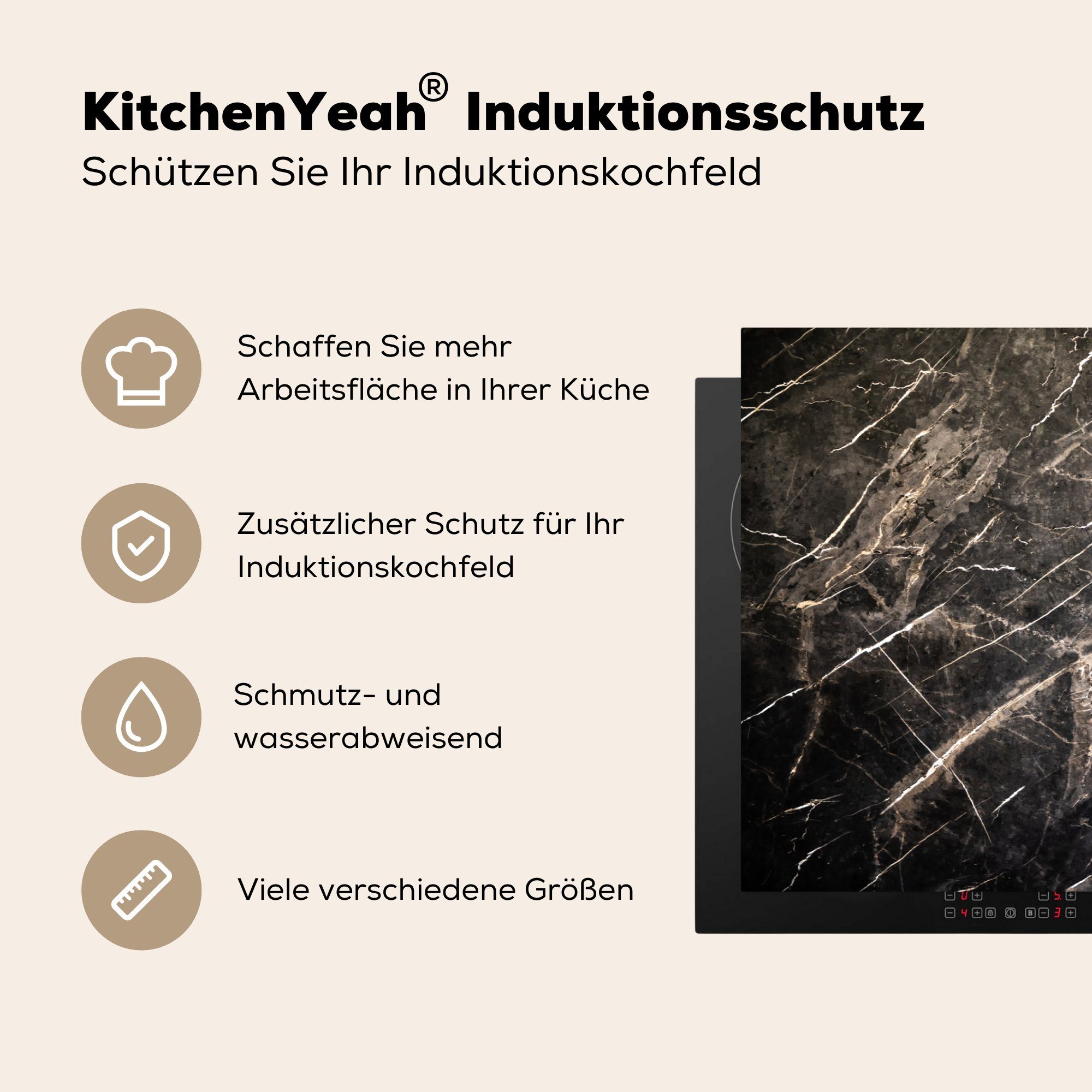 - küche, cm, Induktionskochfeld MuchoWow Vinyl, Ceranfeldabdeckung Weiß, - 81x52 Marmor für Schutz (1 Herdblende-/Abdeckplatte Schwarz tlg), die