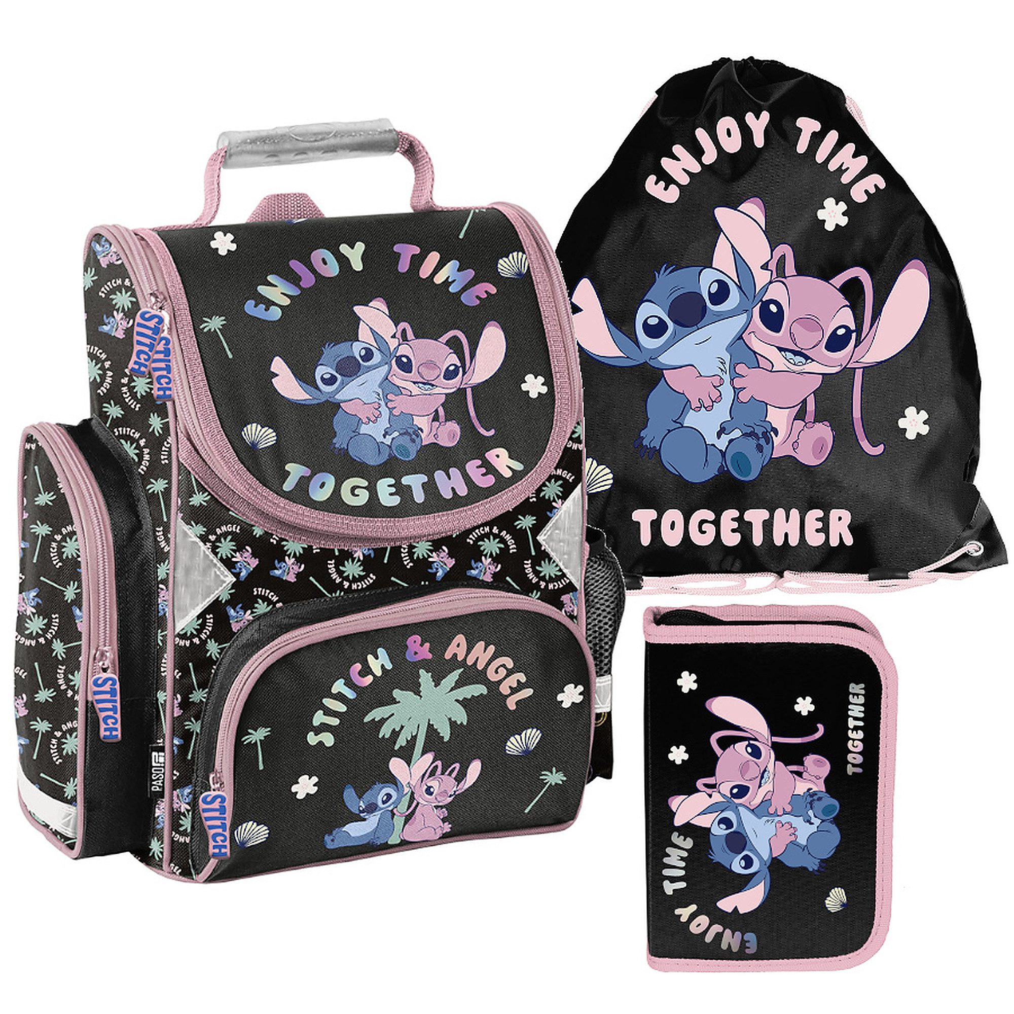 PASO Schulrucksack Mega-Set Lilo&Stitch (Schulset, 3-tlg), Kinder Schulranzen Rucksack + Turnbeutel + Federmäppchen