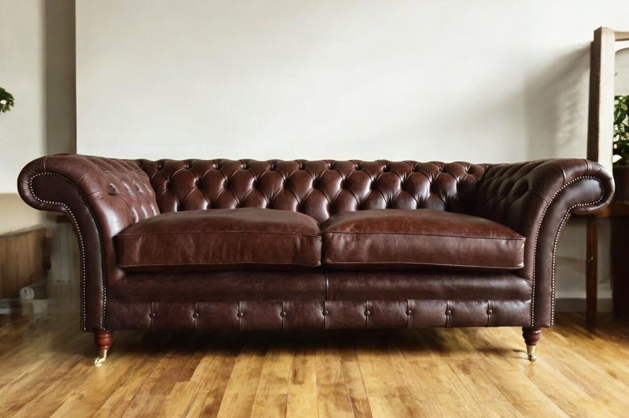 Chesterfield-Sofa Design Chesterfield 3-Sitzer Couch Braun Polster 100% Leder Sofort