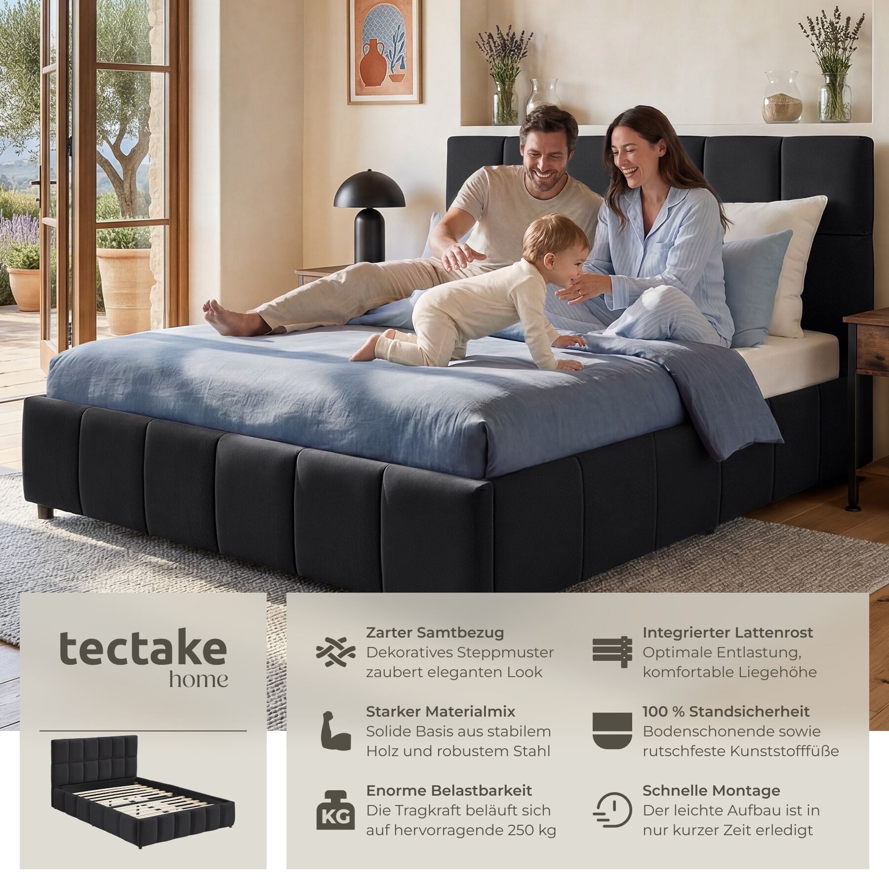 tectake Polsterbett Bettgestell mit Stahlgestell, Belastbarkeit 250 kg, pflegeleicht (Doppelbett Shirley, mit Steppmuster in Samtoptik schwarz), bodenschonende Kunststofffüße, integrierter Lattenrost