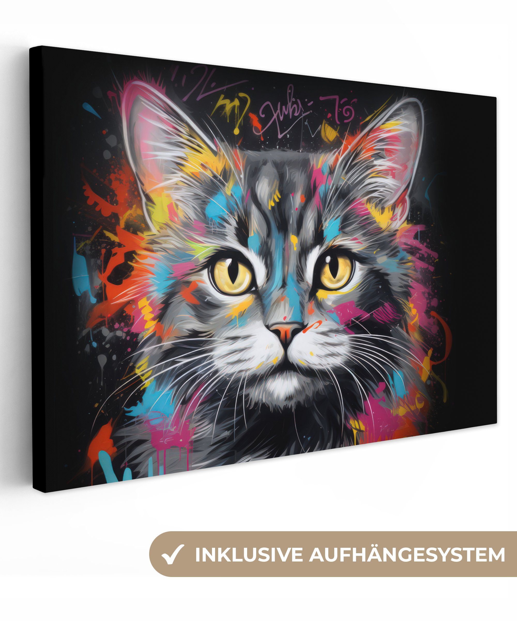 OneMillionCanvasses® Leinwandbild Katze - Graffiti - Tiere - Farben - Grau, (1 St), Wandbild Leinwandbilder, Aufhängefertig, Wanddeko, 30x20 cm