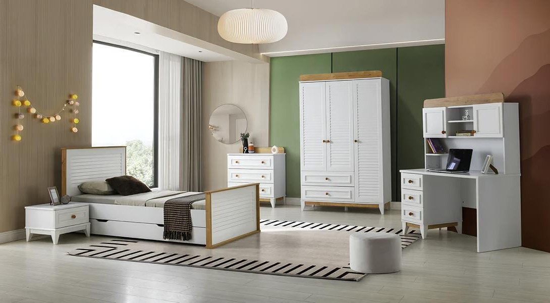 Jugendzimmer-Set Komplettes Kinderzimmer Set 5tlg. Bett und Möbel aus Holz Weiß