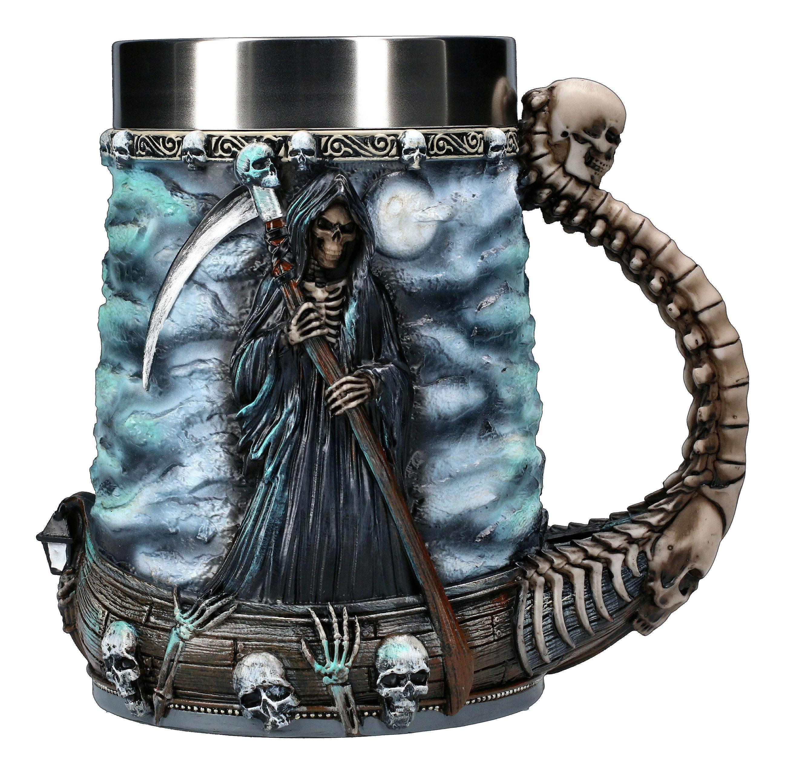 Figuren Shop GmbH Bierkrug Krug Sensenmann - Reaper Fährmann auf Styx - Nemesis Now Gothic, Kunststein (Polyresin), Edelstahl