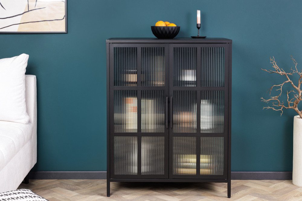 riess-ambiente Vitrine DURA STEEL 80cm schwarz - Metall, Riffelglas, 3 Fächer (Einzelartikel, 1-St) Industrial Design & Glastüren – ideal für Geschirr & Deko im Esszimmer