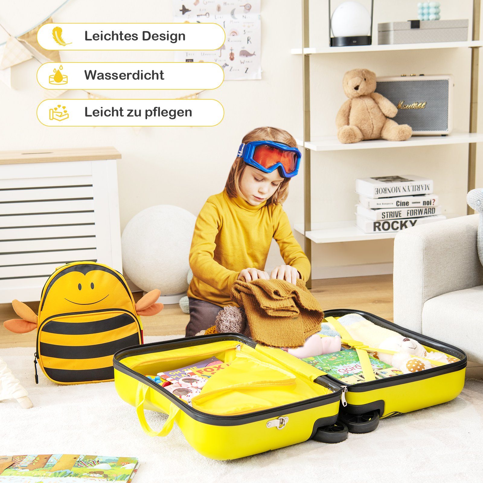 COSTWAY Kinderkoffer 12"+18" Kindertrolley, zum sitzen, mit 4 Rollen & Rucksack