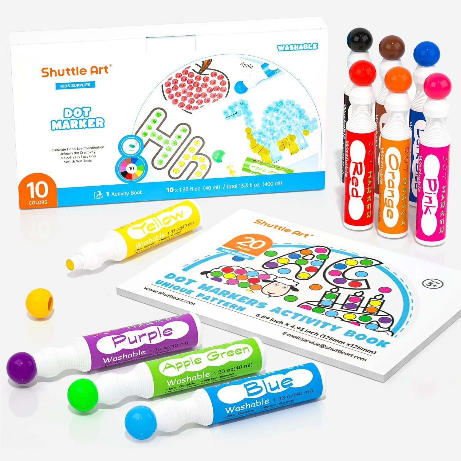 Filzstift 10 Farben Punktmarker Set für Kinder, waschbar, ungiftig, Malbuch und