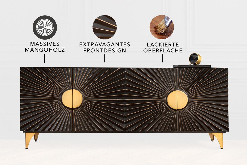 riess-ambiente Sideboard SOLARIS 180cm schwarz / gold (Einzelartikel, 1 St), Massivholz · Metall · Kommode · 3D Schnitzereien · Wohnzimmer · Design