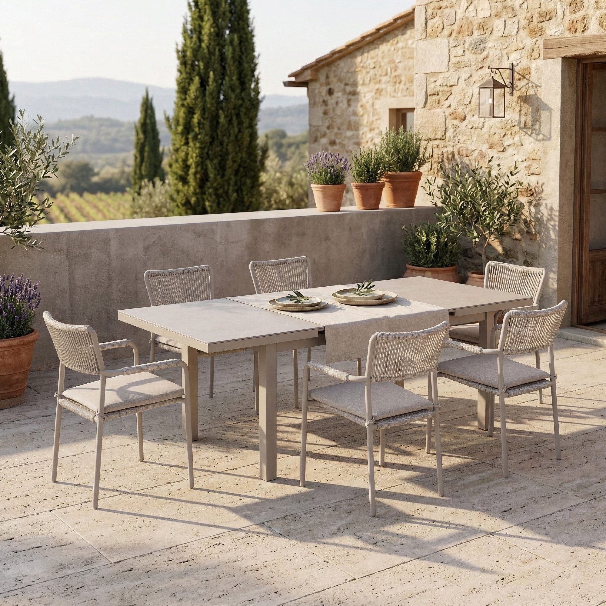 MANDALIKA Garden Garten-Essgruppe 7-teilig Essgruppe Madri 6x Stapelsessel und Ausziehtisch, Sessel stapelbar, Tisch ausziehbar