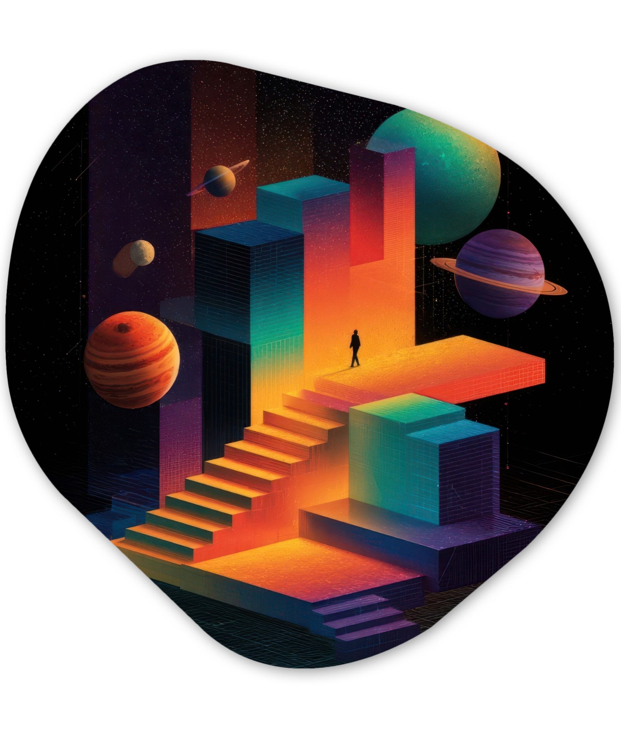 MuchoWow Gemälde Abstrakt - Treppe - Mensch - Planeten, Fotodruck (1 St), Wandbild Abstrakt, Wohnzimmer Schlafzimmer Wanddekoration, 40x40 cm